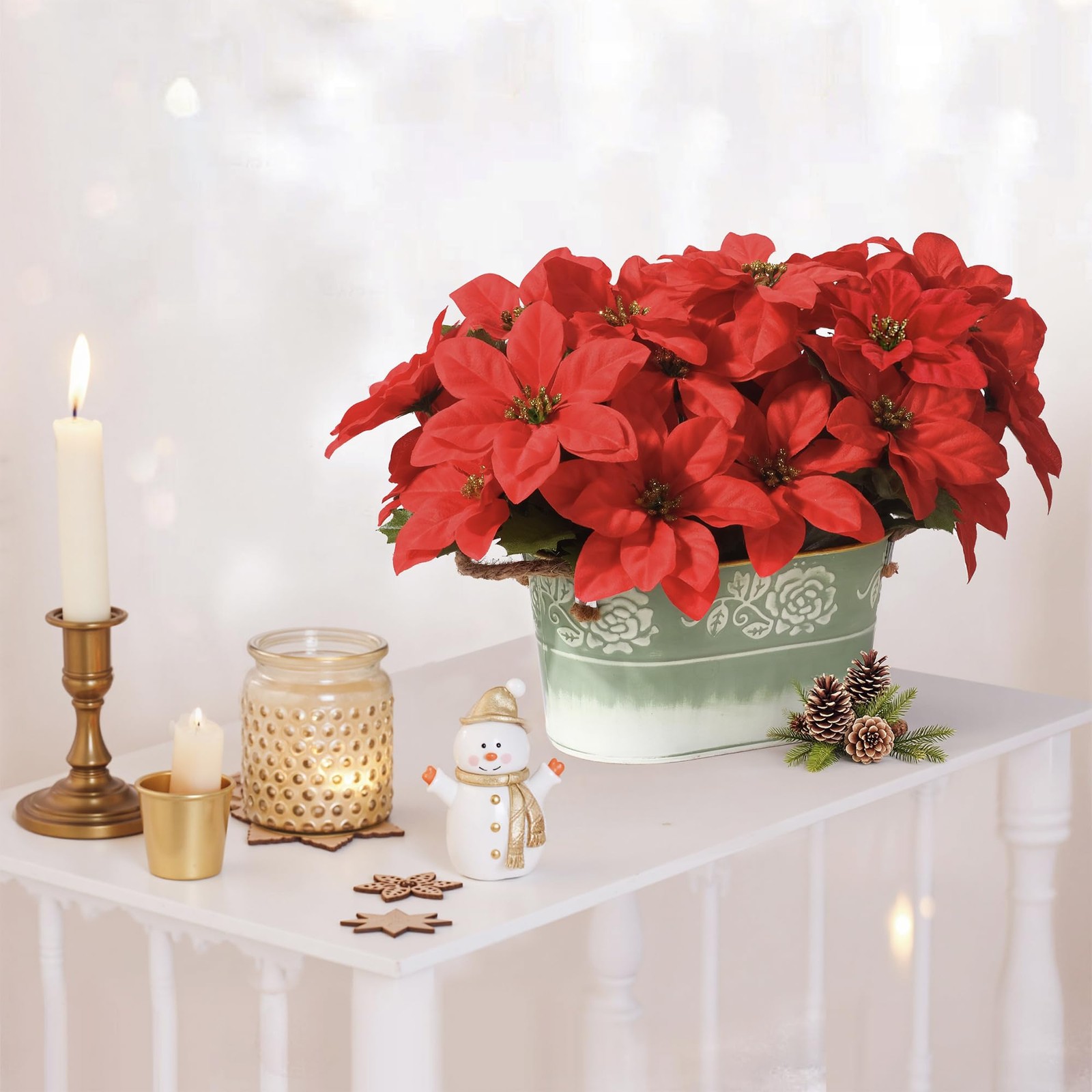 Artificial Red Poinsettia Floral Arrangement Green Metal Planter Jute Rope Use