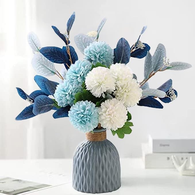Blue Artificial Flower Bouquet in Ceramic Vase, White and Blue Ball Chrysanth…