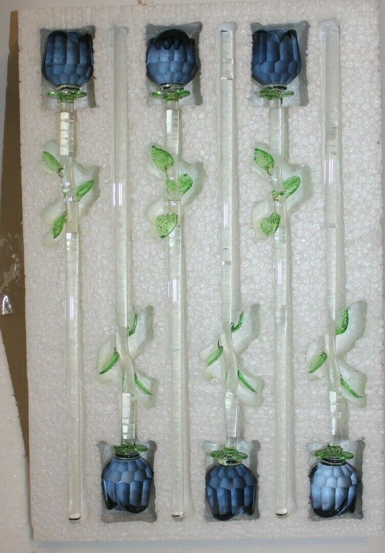 Bouquet of 6 x 12″ Black Glass Roses with Green Leaves, Halloween House decor!