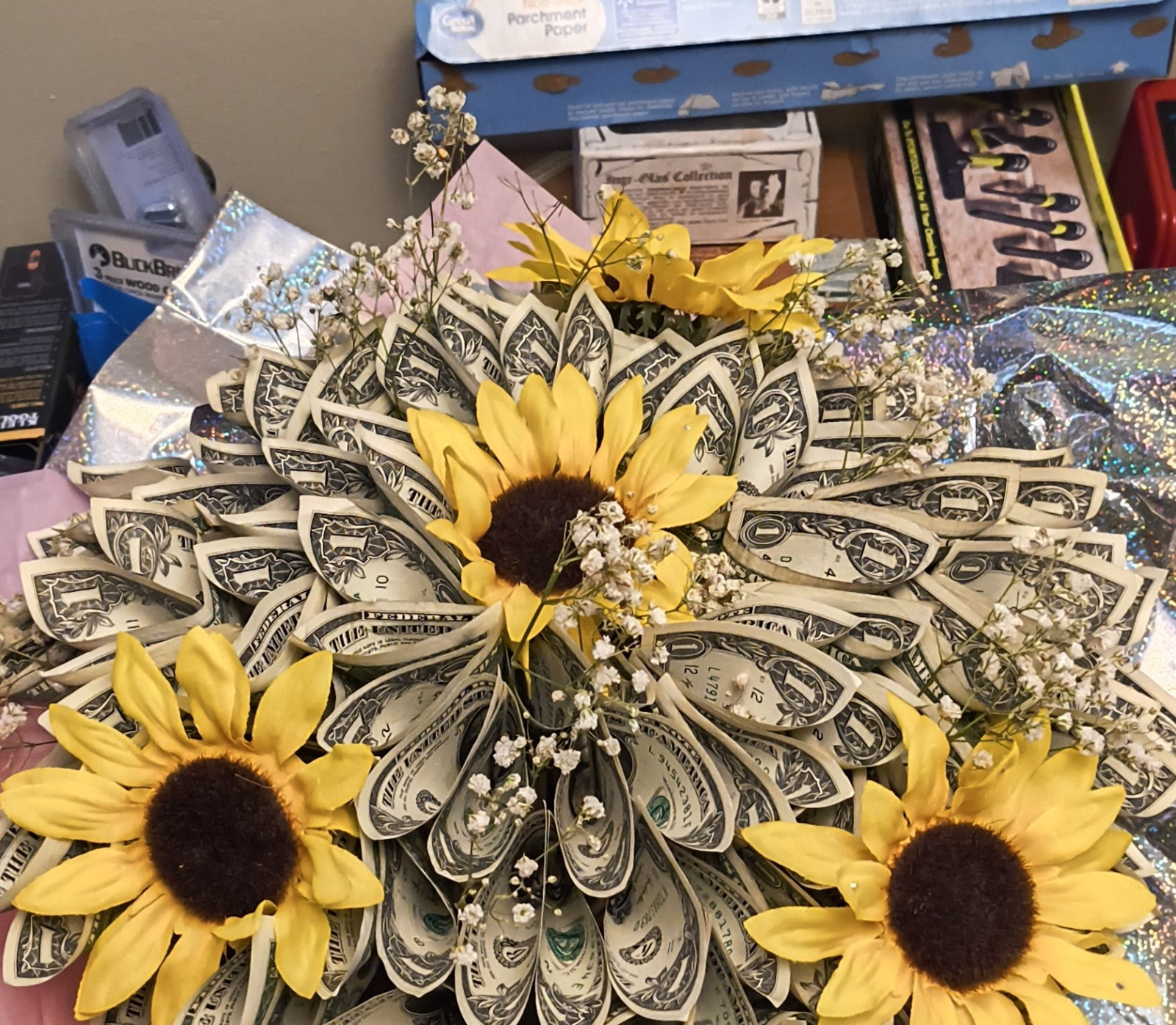 Sunflower REAL money flower bouquet decoratively wrapped with 70 real $1 bills