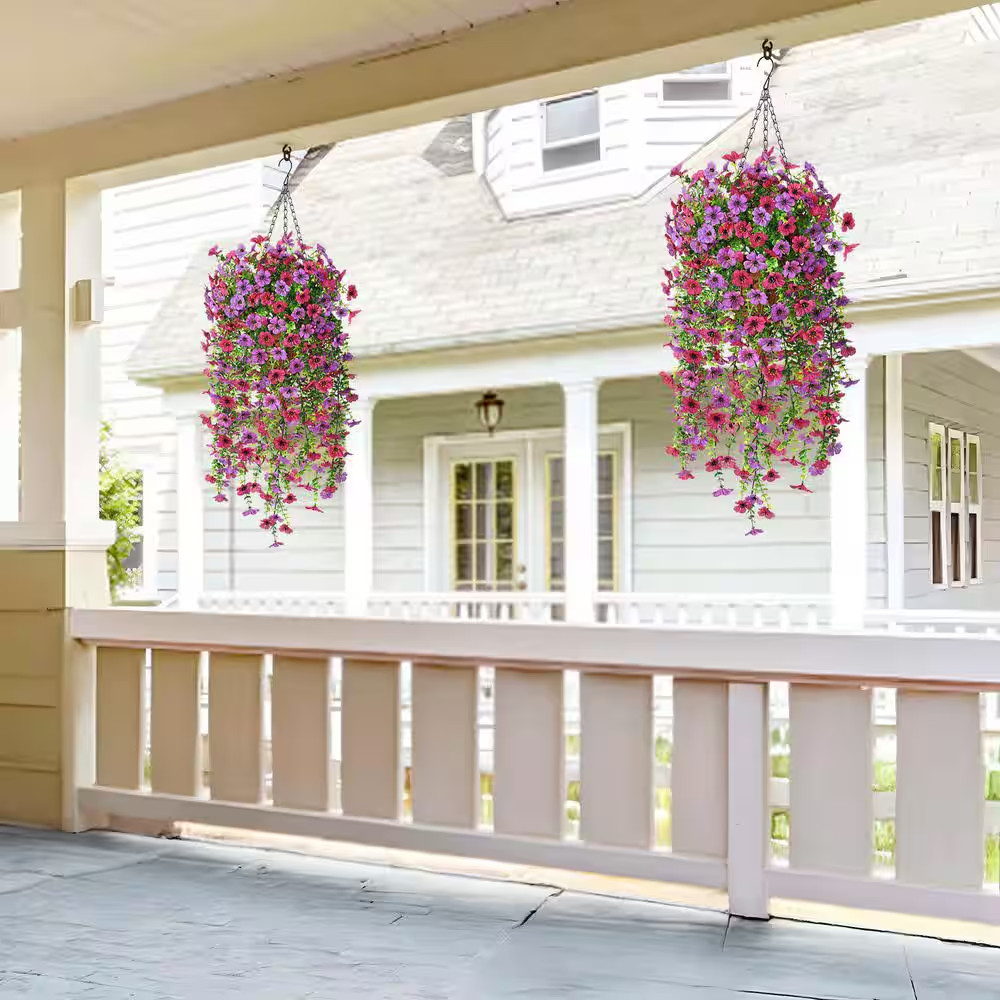 22In. Purple Outdoor Artificial Hanging Daisy Flower Basket with Eucalyptus Leav