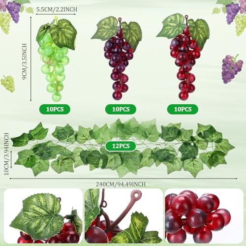 30 Pack Artificial Fake Grapes with 12 Strands Faux Grape Vines Multi Color