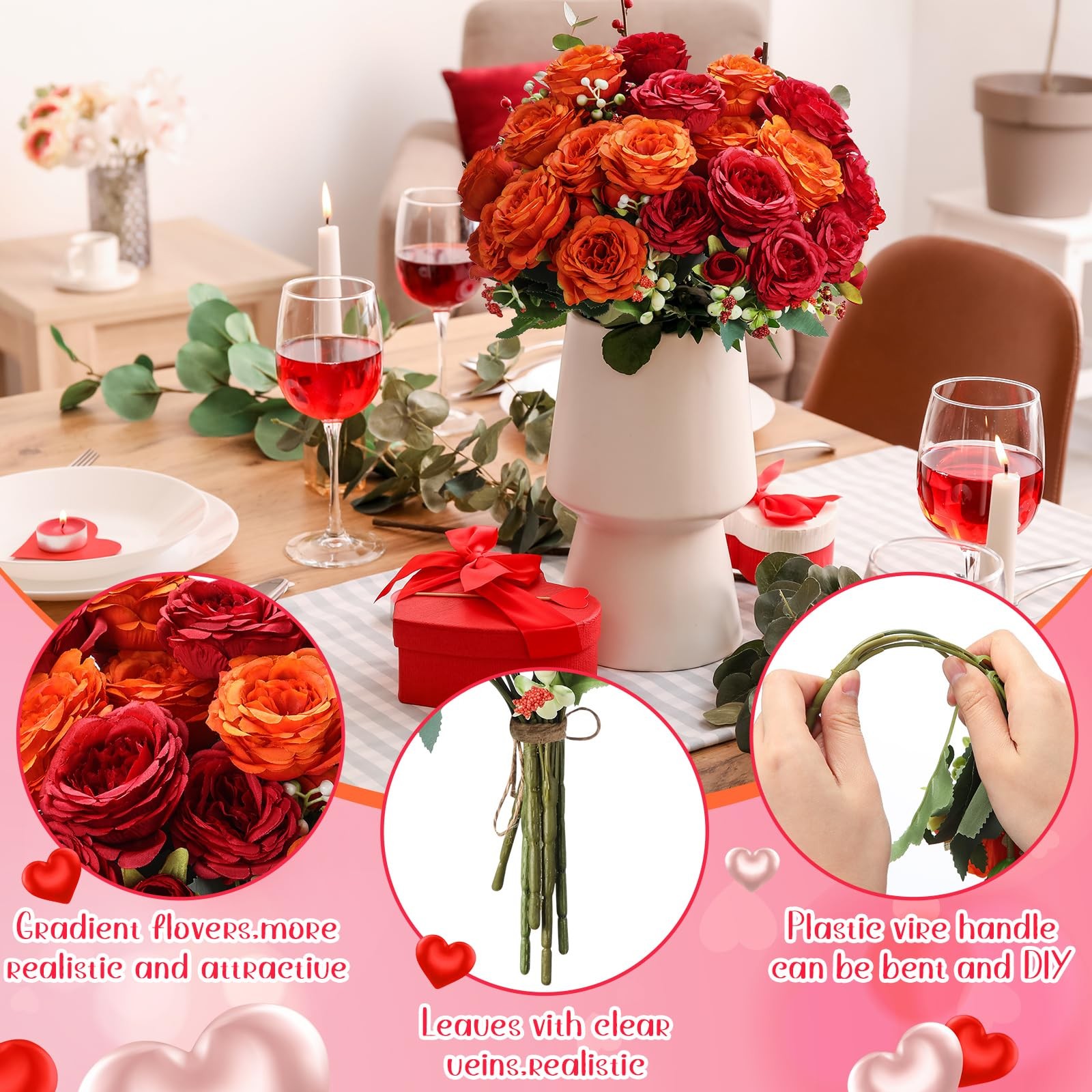 16 PCS Orange Artificial Peonies Flowers Silk Bouquet Faux Floral Arrangement