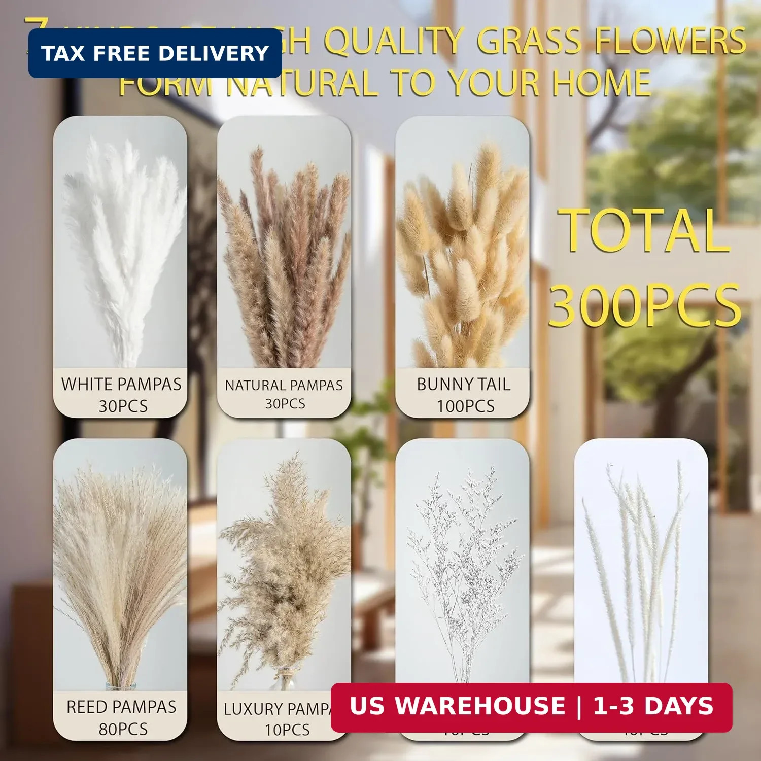 300PCS Natural Pampas Grass Decor Bouquet | Boho Dried Floral Arrangement Center