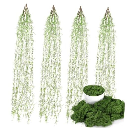4 Pcs 33 Inch Fake Spanish Moss with 7 oz Artificial Green Moss for Potted