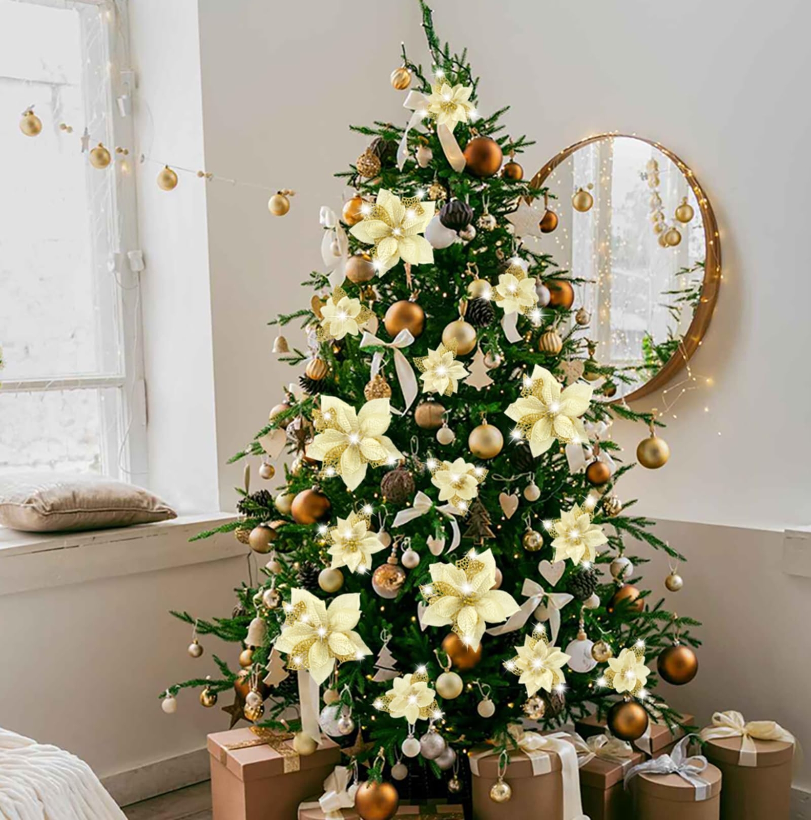 Christmas Poinsettia Decorations 28pcs Gold Glitter Tree Ornaments Clips