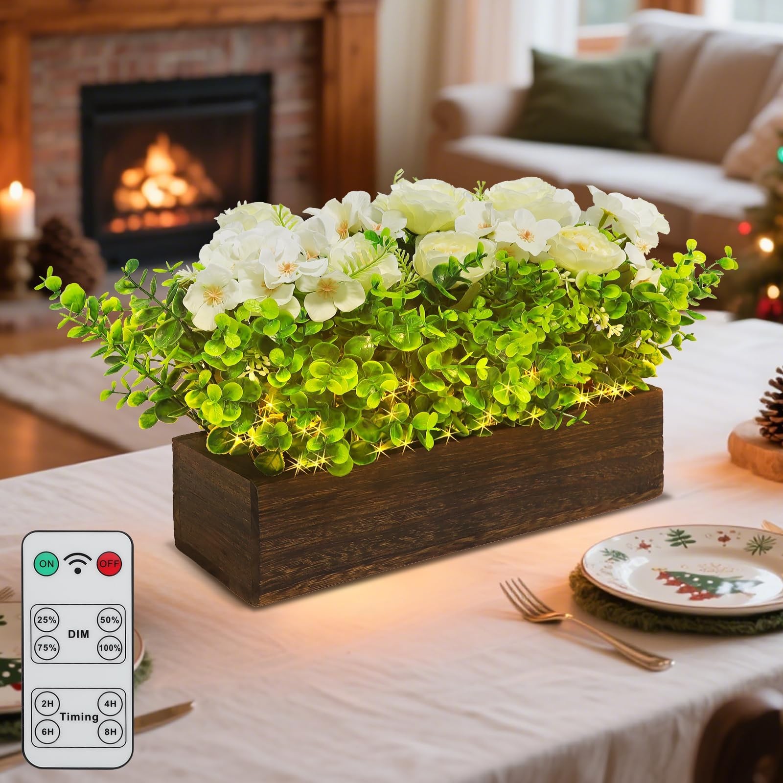 14″ Artificial Peony Hydrangea Flowers Arrangement in Rectangular Wooden Plan…