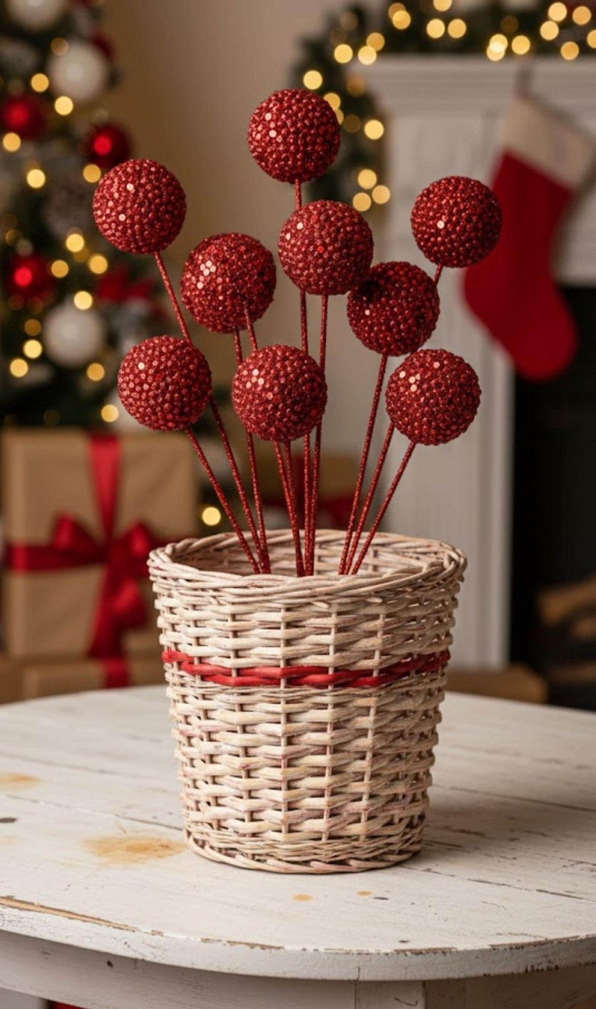Red Glitter Ball Pick Valentine’s or Christmas Wreath Party Decor Pick Stem