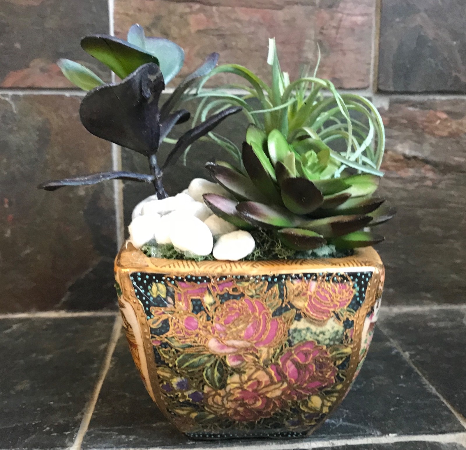 Artificial Green Grass Succulent Planter in a Satsuma Bowl with Geishas