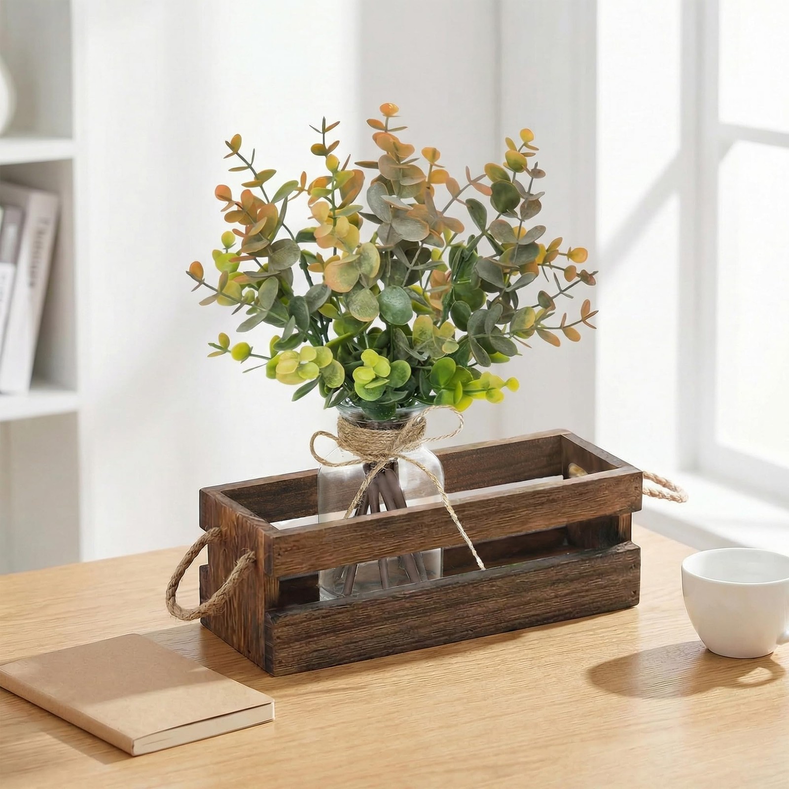 Artificial Eucalyptus Stems in Glass Vase with Faux Water,Combined with Wood …