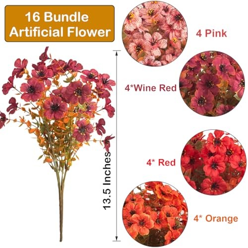 16 Bundles Artificial Fall Flowers, UV Resistant Faux Plants for Fall Orange