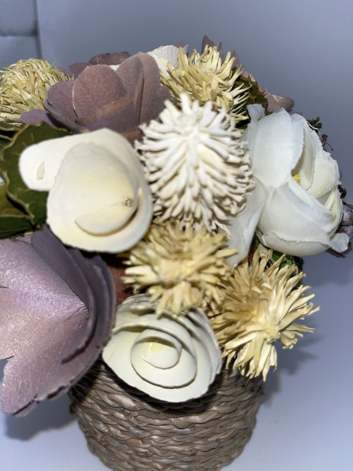 Sola Wood Rose Floral Arrangement Lavender Mauve Ivory Faux Flower Weave Basket