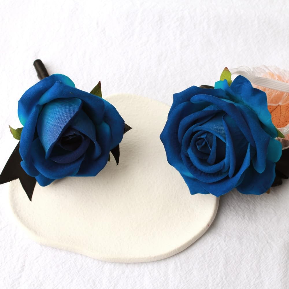 2 PCS Wrist Corsage Rose Boutonniere Set Wedding Prom Hand Decor Black Blue