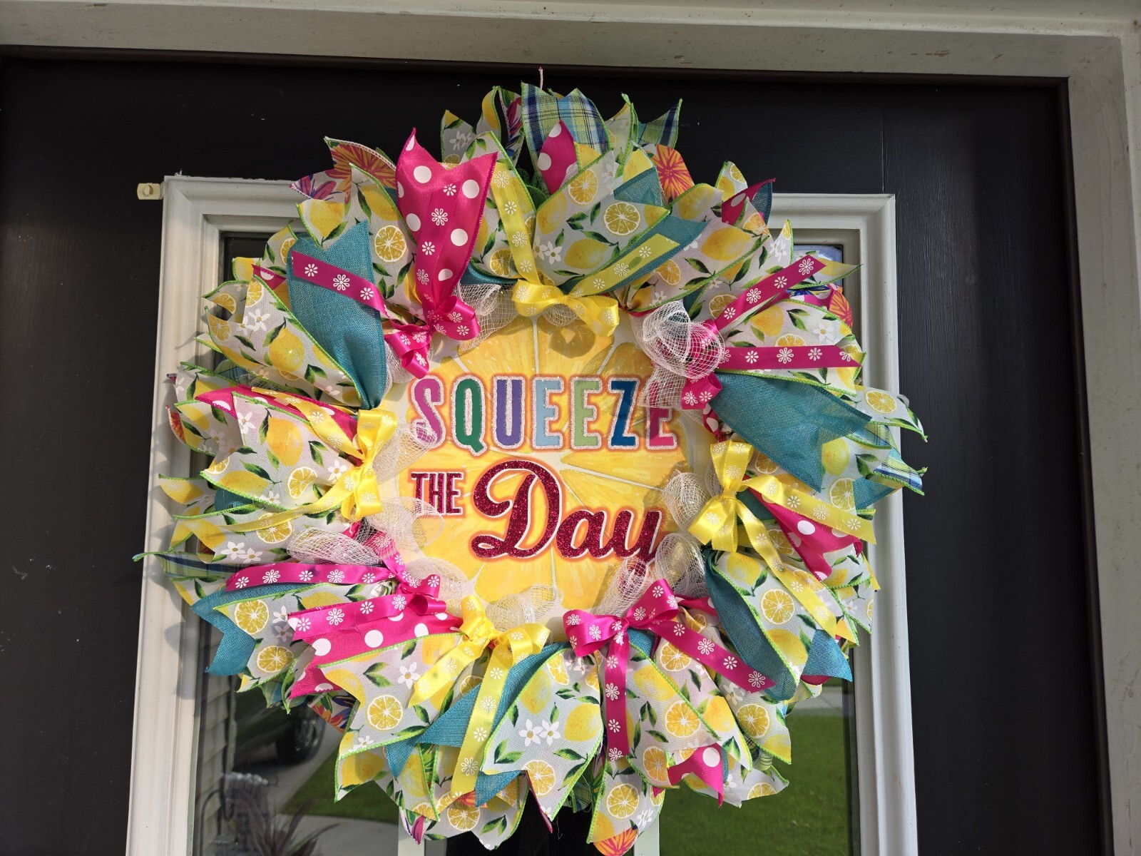 WREATH SQUEEZE THE DAY Spring SUMMER Fall Front Door Wall Decor BIG bright every