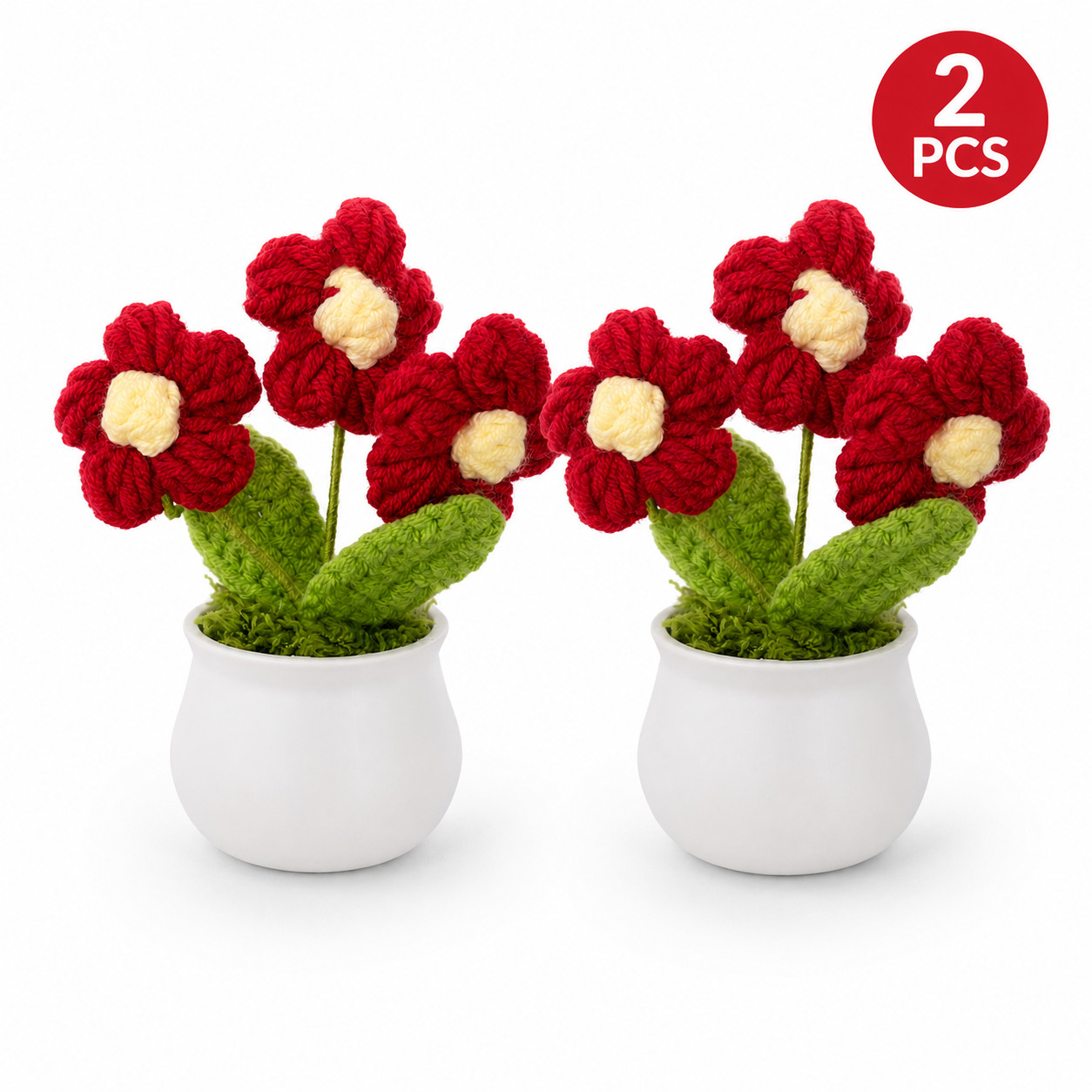 [Pack of 2] Red Crochet Flower Mini Potted Desk Shelf Decor Flexible Stems