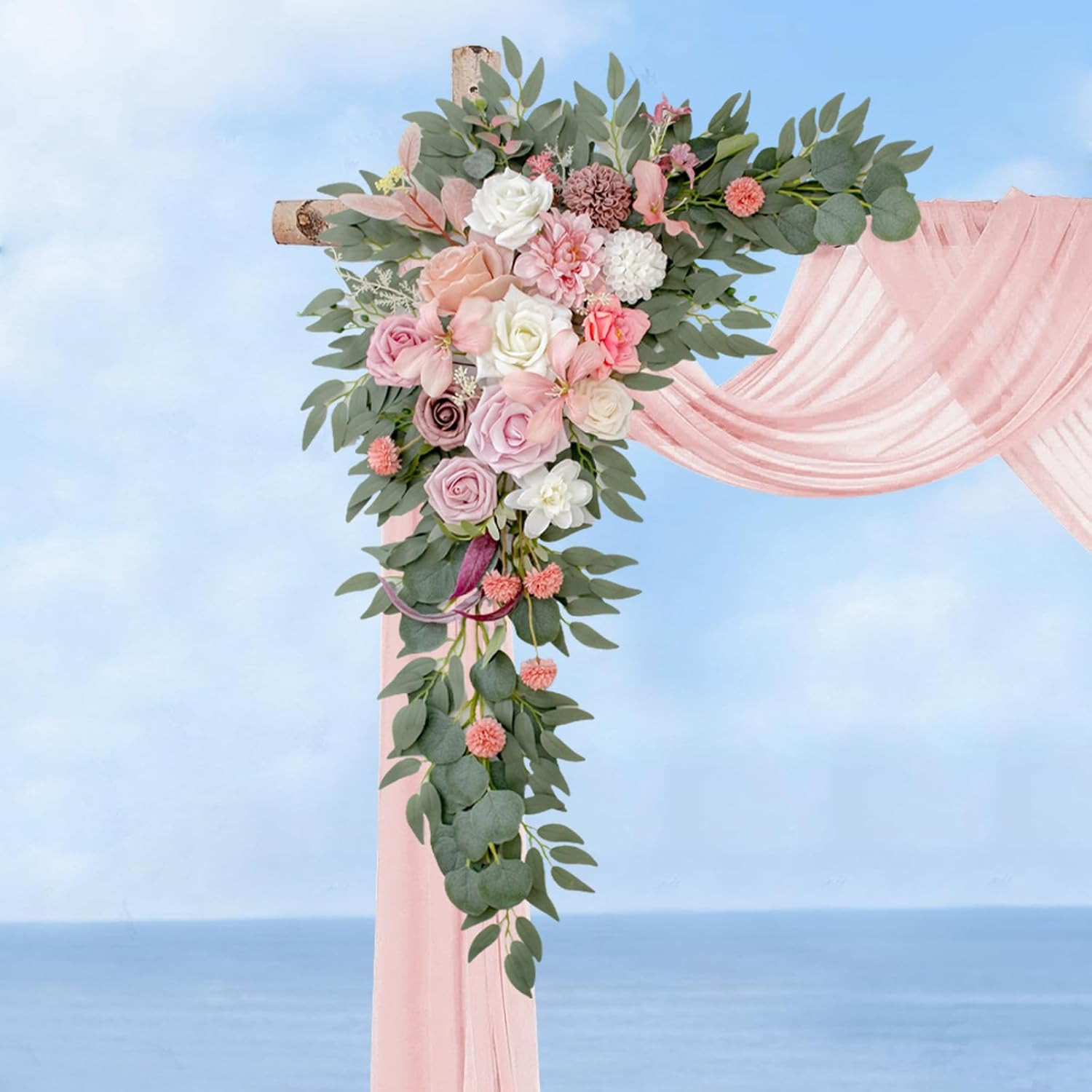 Elegant Wedding Arch with Pink Chiffon, Roses & Eucalyptus Decor