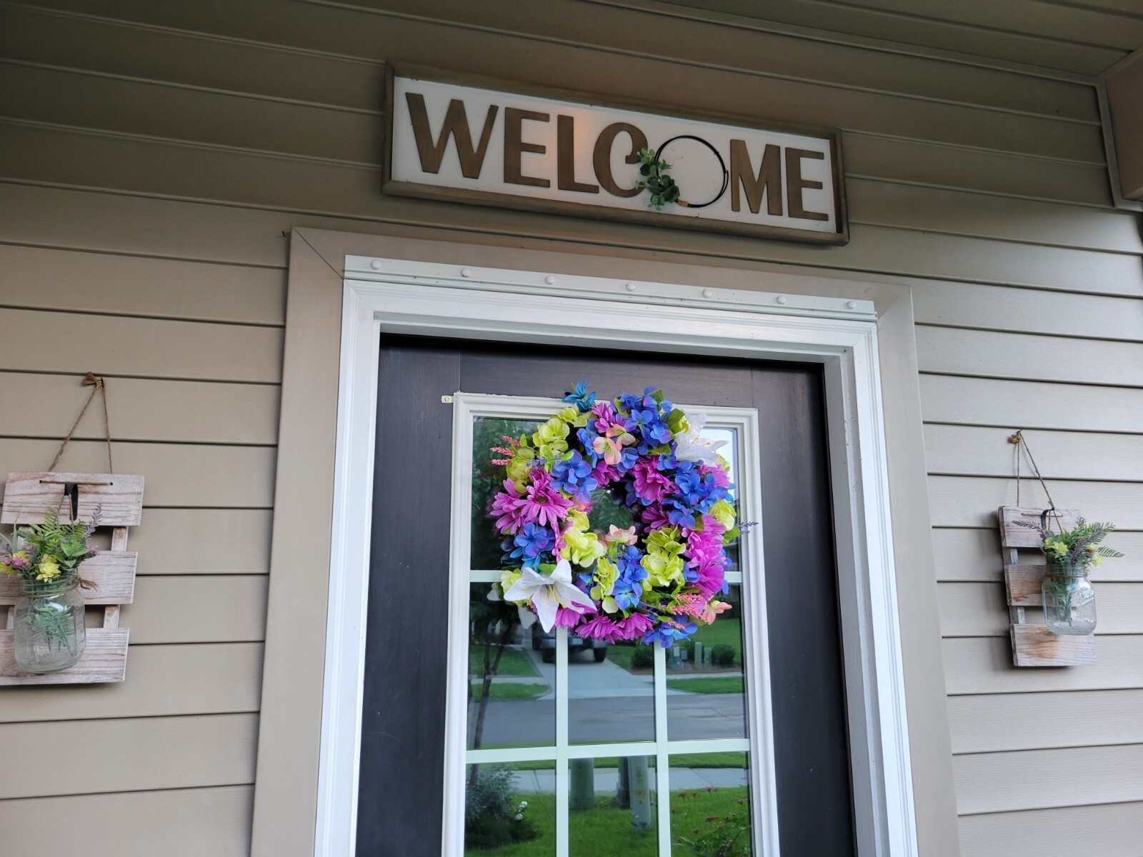 FLORAL one of a kind WREATH flowers Decor Front Door 16″ purple blue pink new