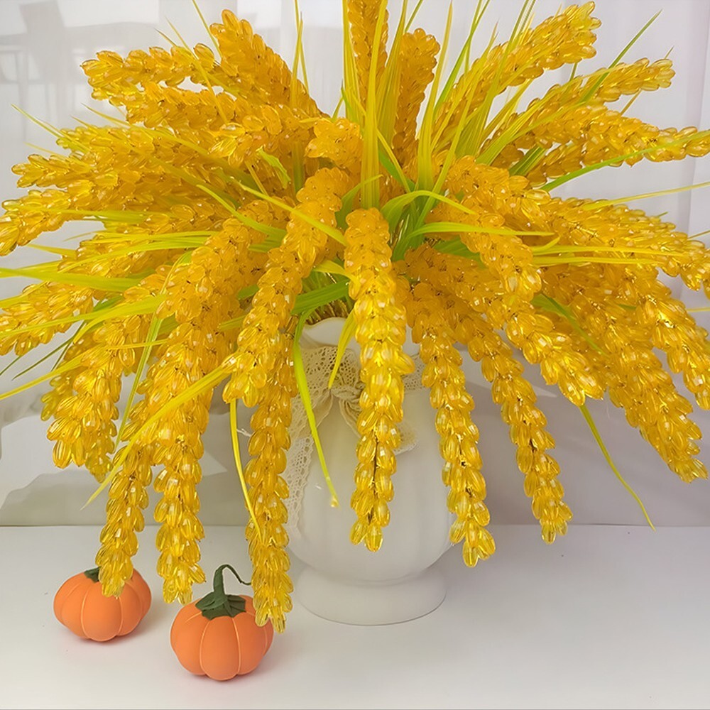 12pcs Crystal Golden Wheat Heads Artificial Rice Ear with Stalks Home Decoration