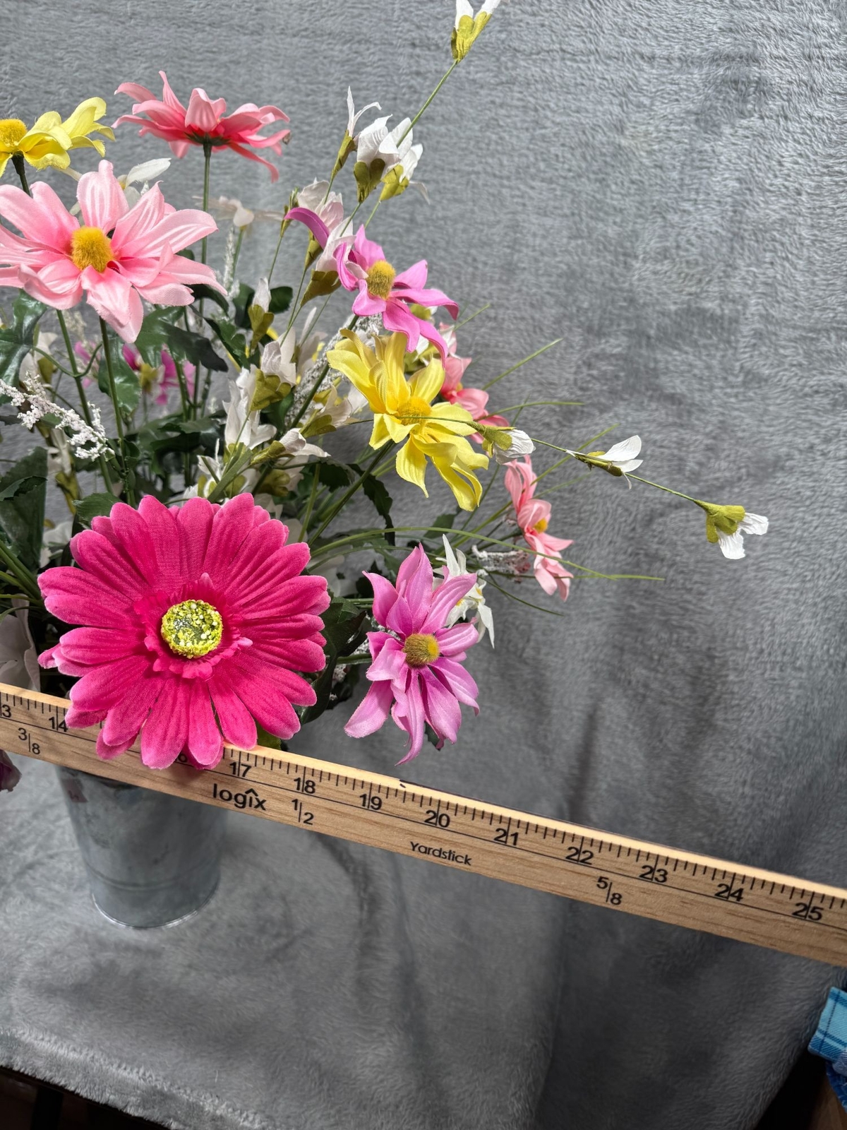 Artificial Flower Bouquet In Galvanized Metal Vase – Mixed Colors & Blooms