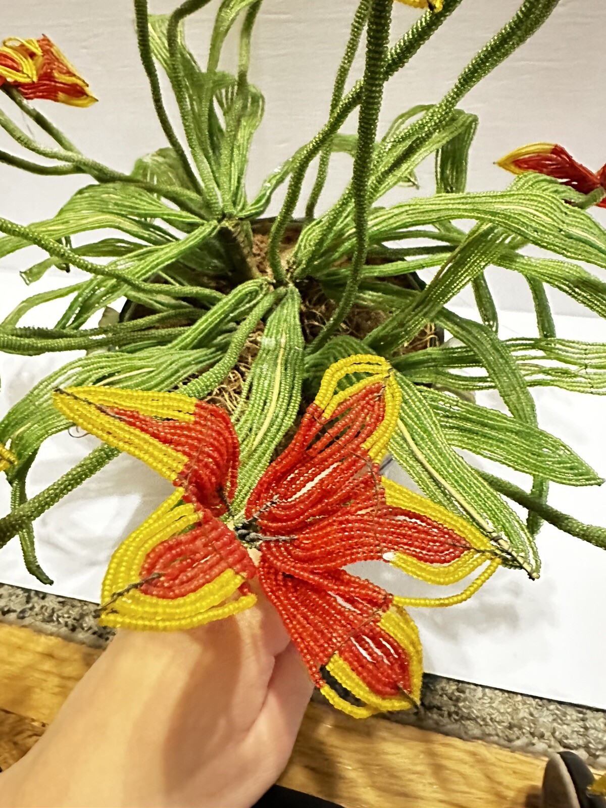 Vintage Beaded Red/yellow Orchid Flowers For Bonwit Teller Made In Italy