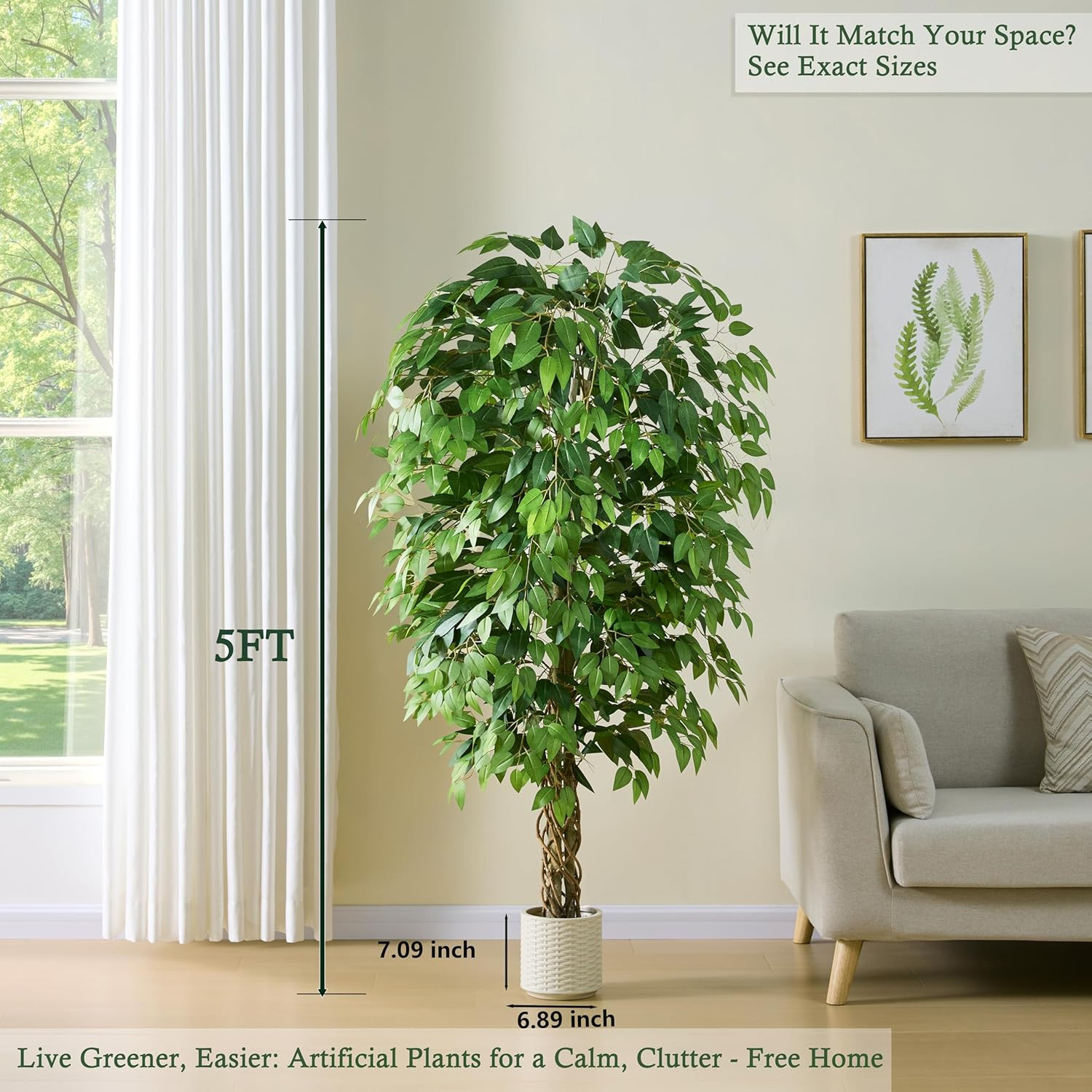 5Ft Artificial Ficus Tree – Realistic Faux Silk Plant for Home & Office Decor