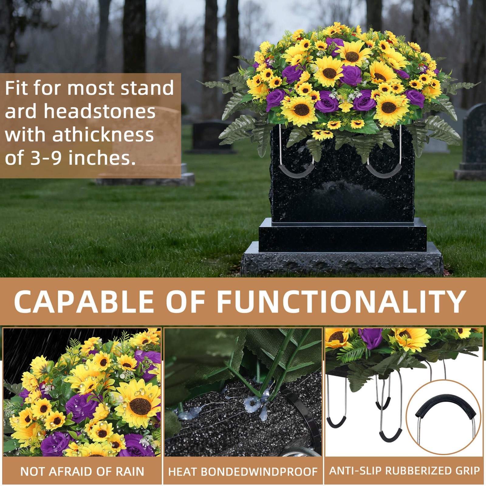 Lodou Artificial Cemetery Flowers for Grave,Headstone Flower Saddle Silk Sunf…