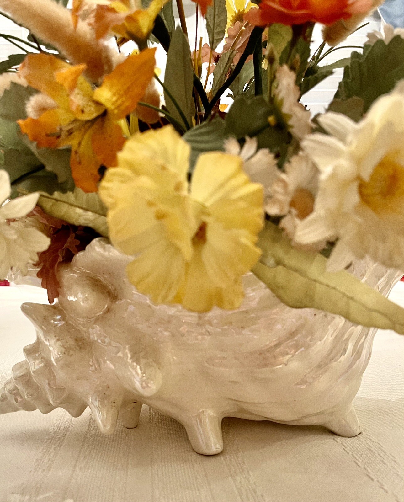 Floral Decor Multiple Silk Flowers In Ceramic Conch Sea Shell Planter 13” H