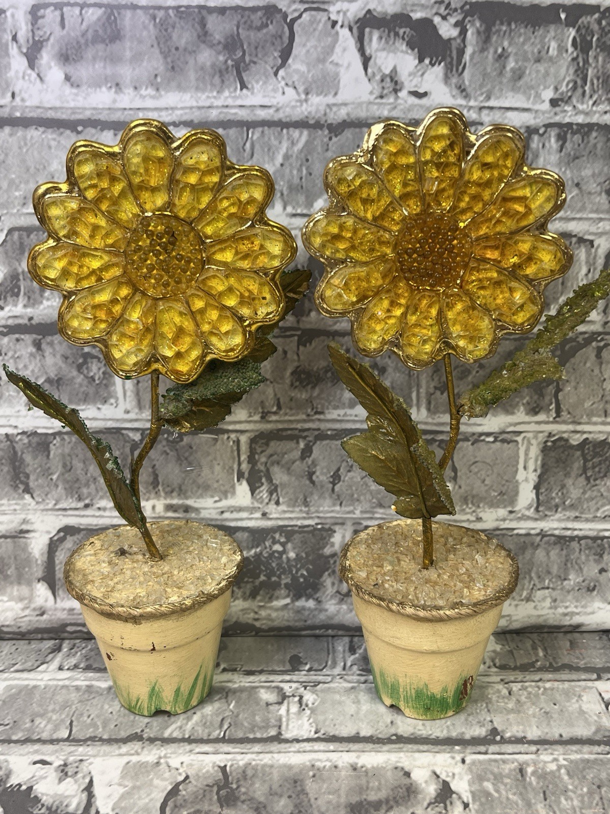 Lot Of 2 Potted Sunflowers Glitter Fused Crushed/Broken Glass