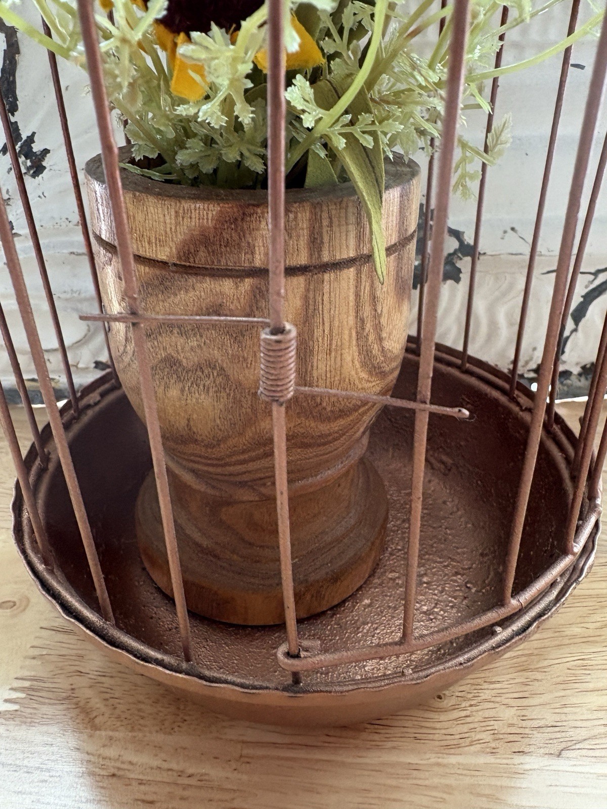 Decorative metal bird cage with wooden pedestal and faux florals #B5