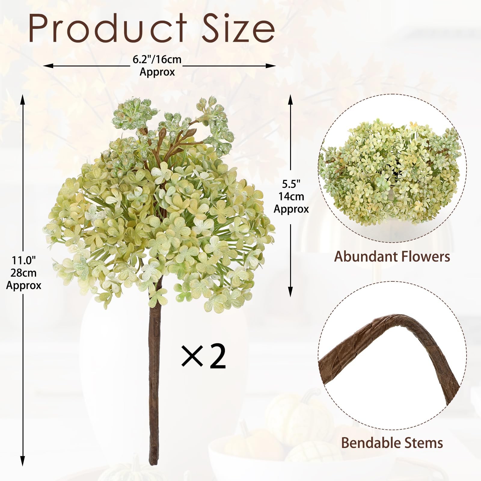 2 Pcs Hydrangea Artificial Flowers Stems for Fall Tabletop Decor, 11″ Silk Fa…
