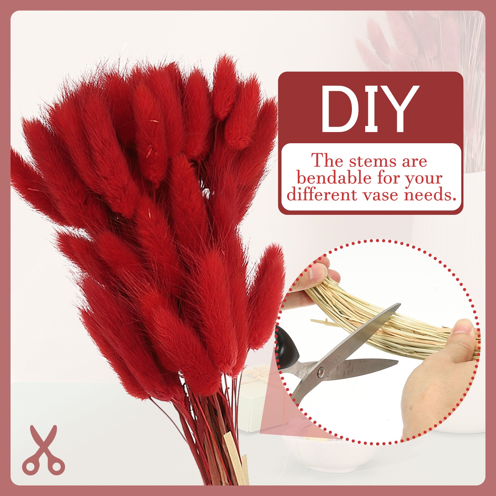 15.7in Bunny Tails Dried Flowers 70pcs Pampas Grass Decor, Red