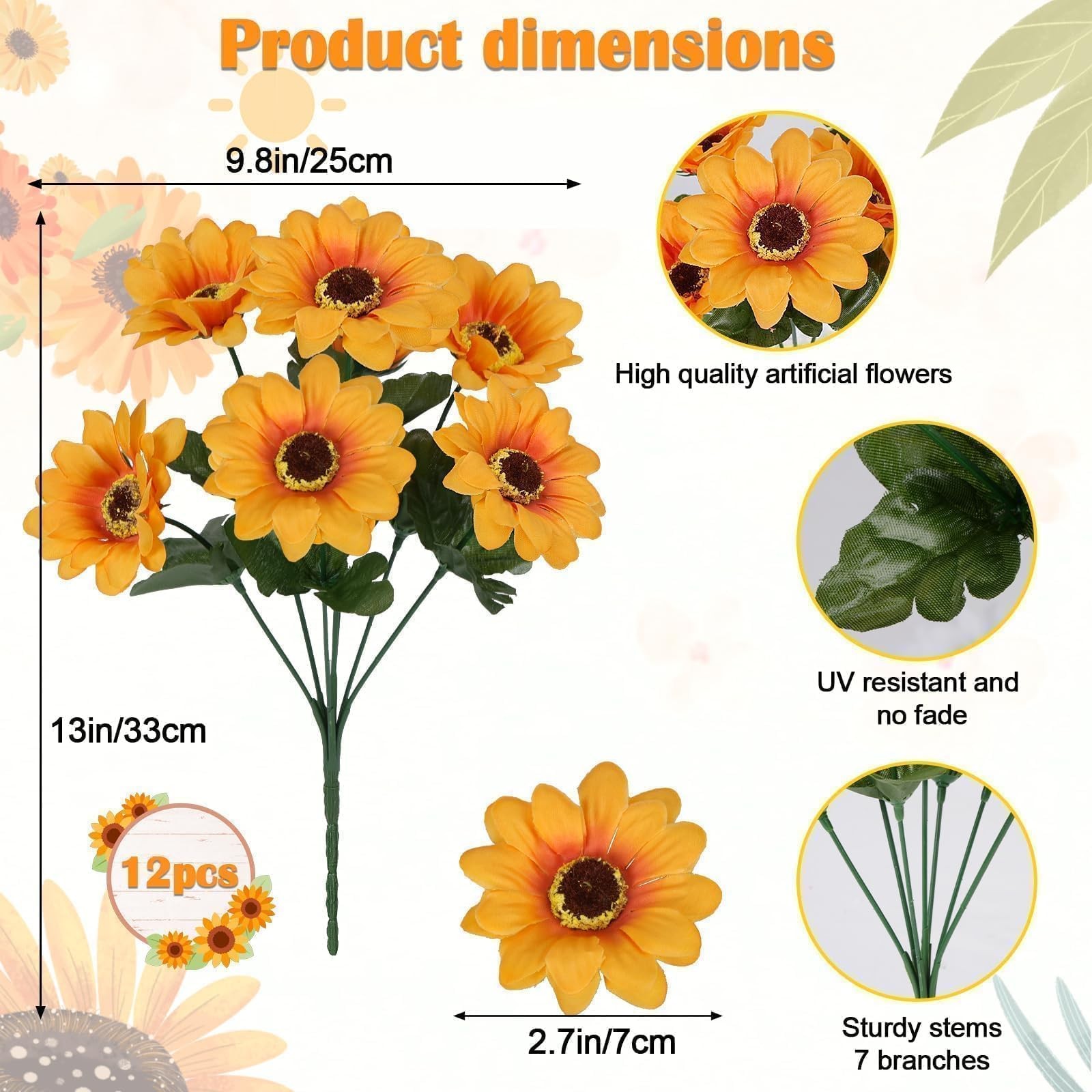 12 Bunches Sunflowers Artificial Flowers for Outdoors UV Resistant Fall Flowe…