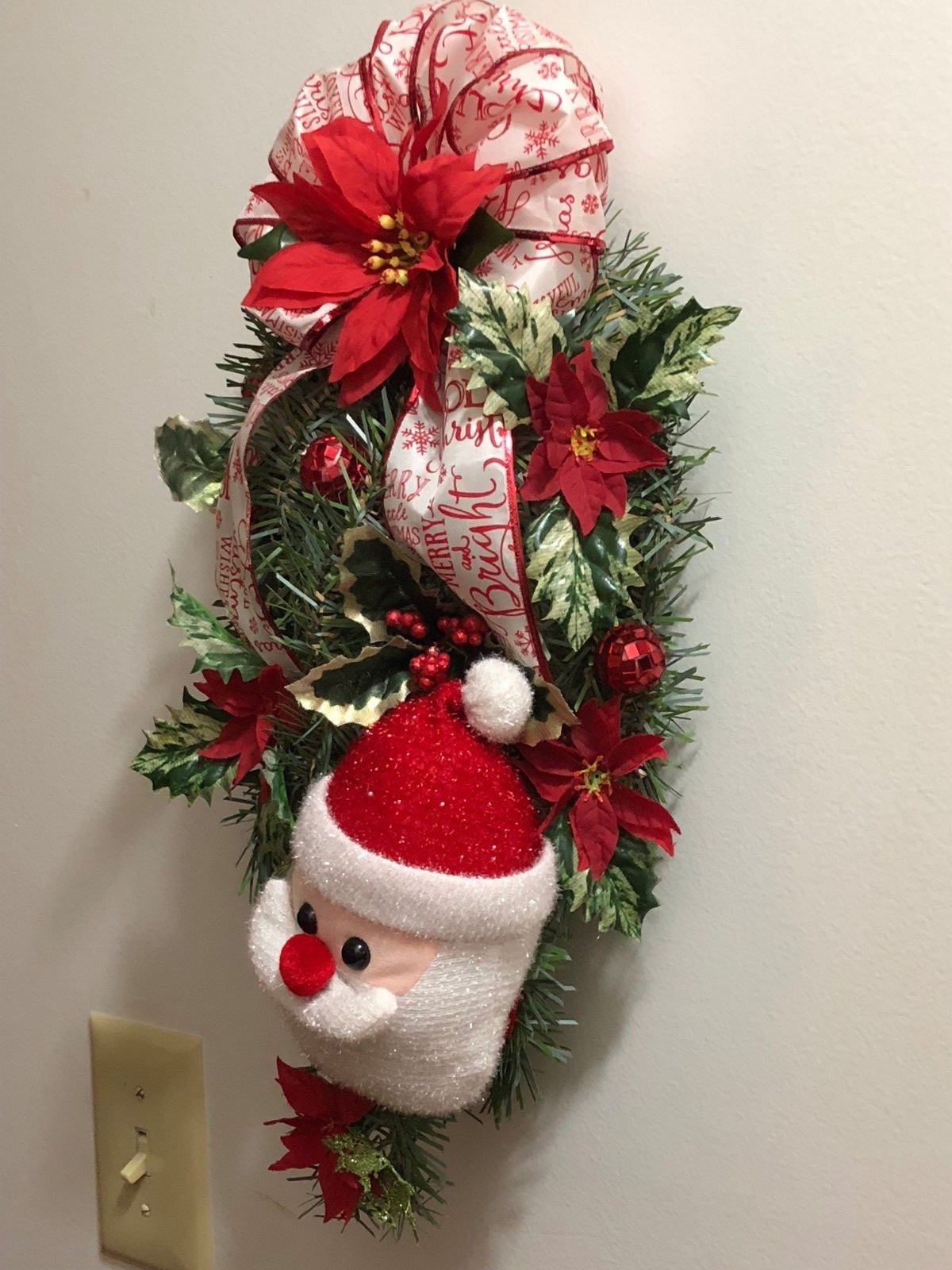 Christmas Tear Drop Door Swag Wreath Santa Poinsettia Red Bow Holly berries