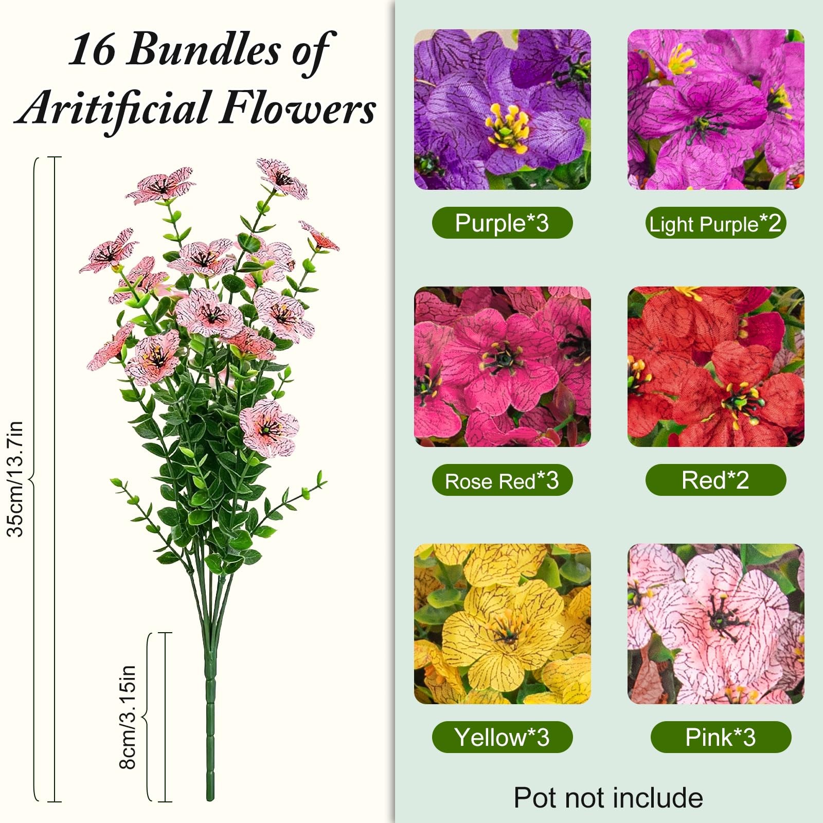 Artificial Flowers for Outdoors Decoration for UV Resistant Silk,16 Bundles