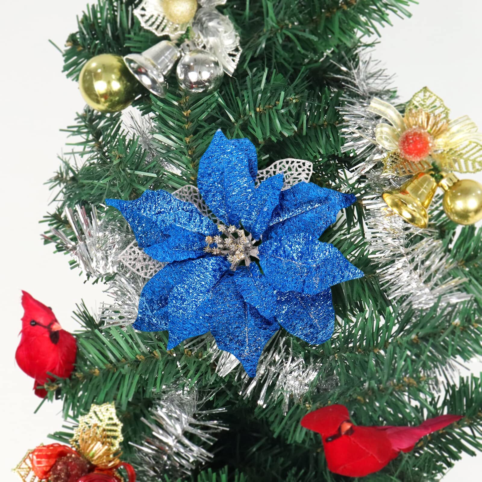 12 Pack 9 Inch Blue Glitter Poinsettia Christmas Tree Ornaments Wedding Flower