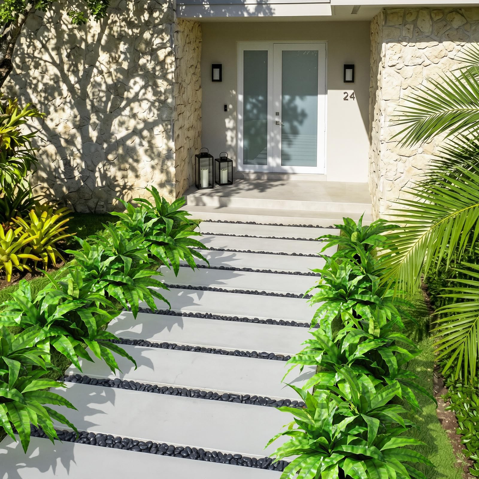 4 Pcs Artificial Plants Outdoor, Artificial Bird Nest Fern Stems, Bright Gree…