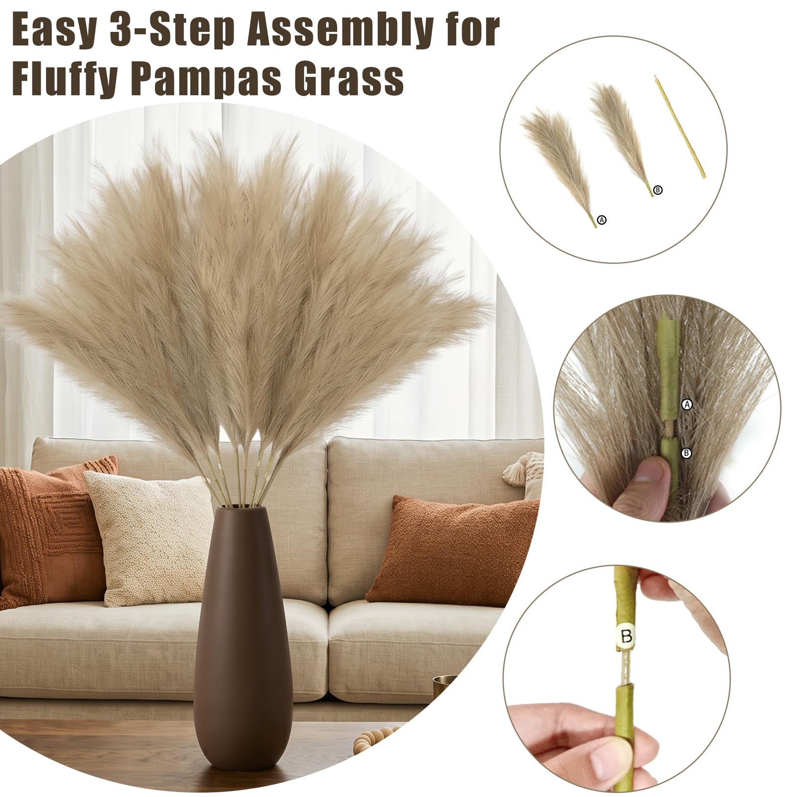 8 PCS 35.4 Inch Brown Tall Pampas Grass Decor Large Artificial Vase Filler