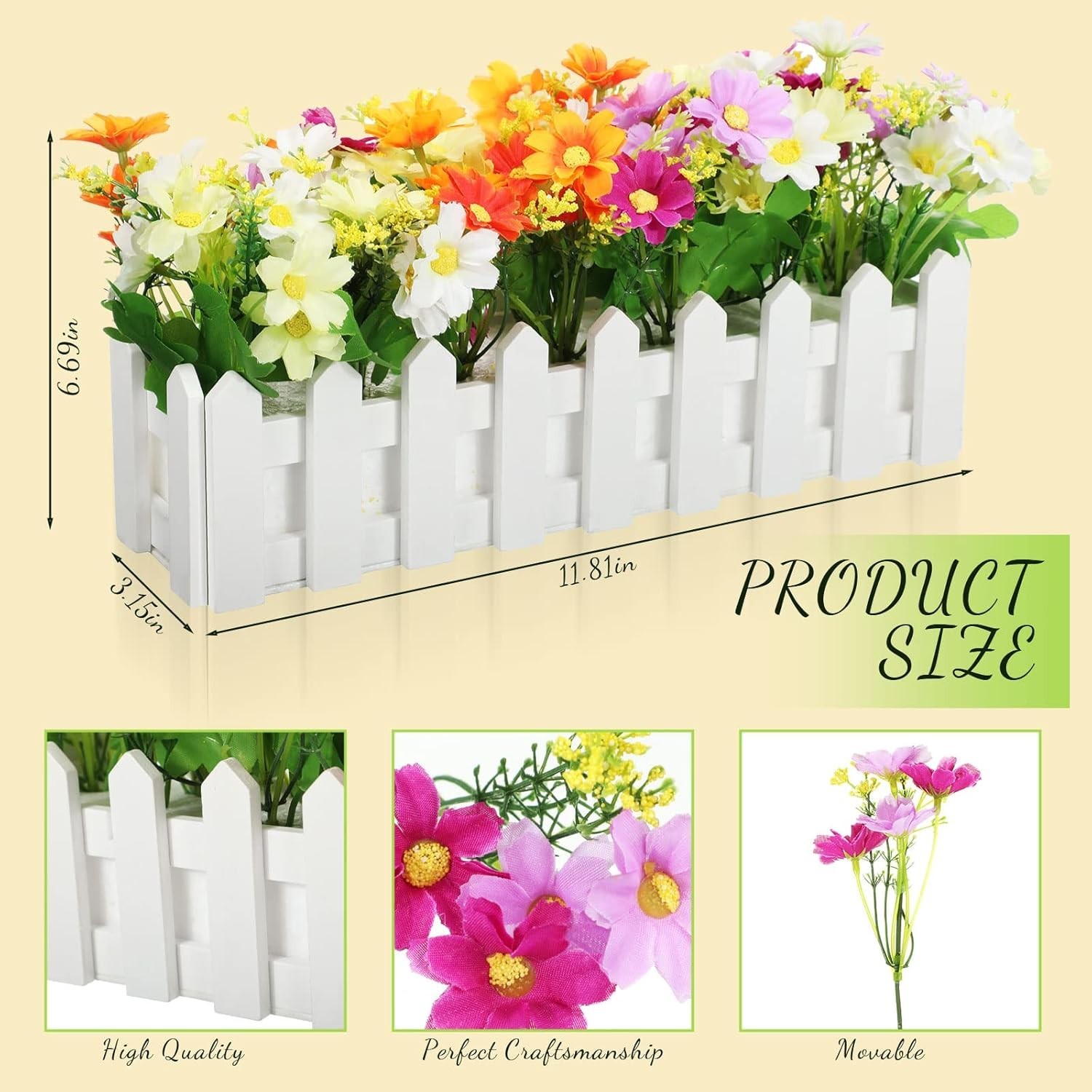 4 Sets Artificial Flower Plants in Pots Fake Daisies in Picket Fence for Outdoor
