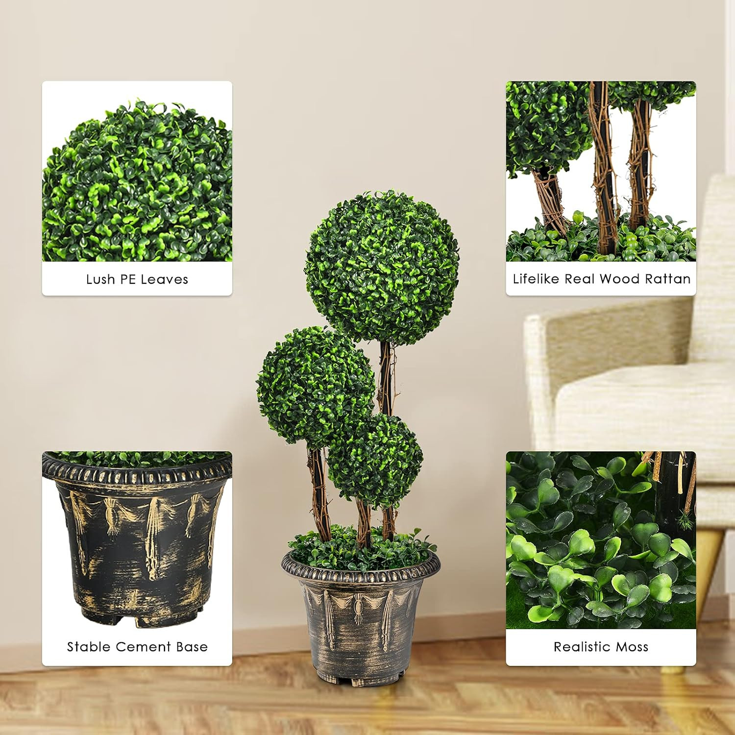2.5 Ft Artificial Boxwood Topiary Tree, 2 Pack Fake Greenery Plants Triple Ball