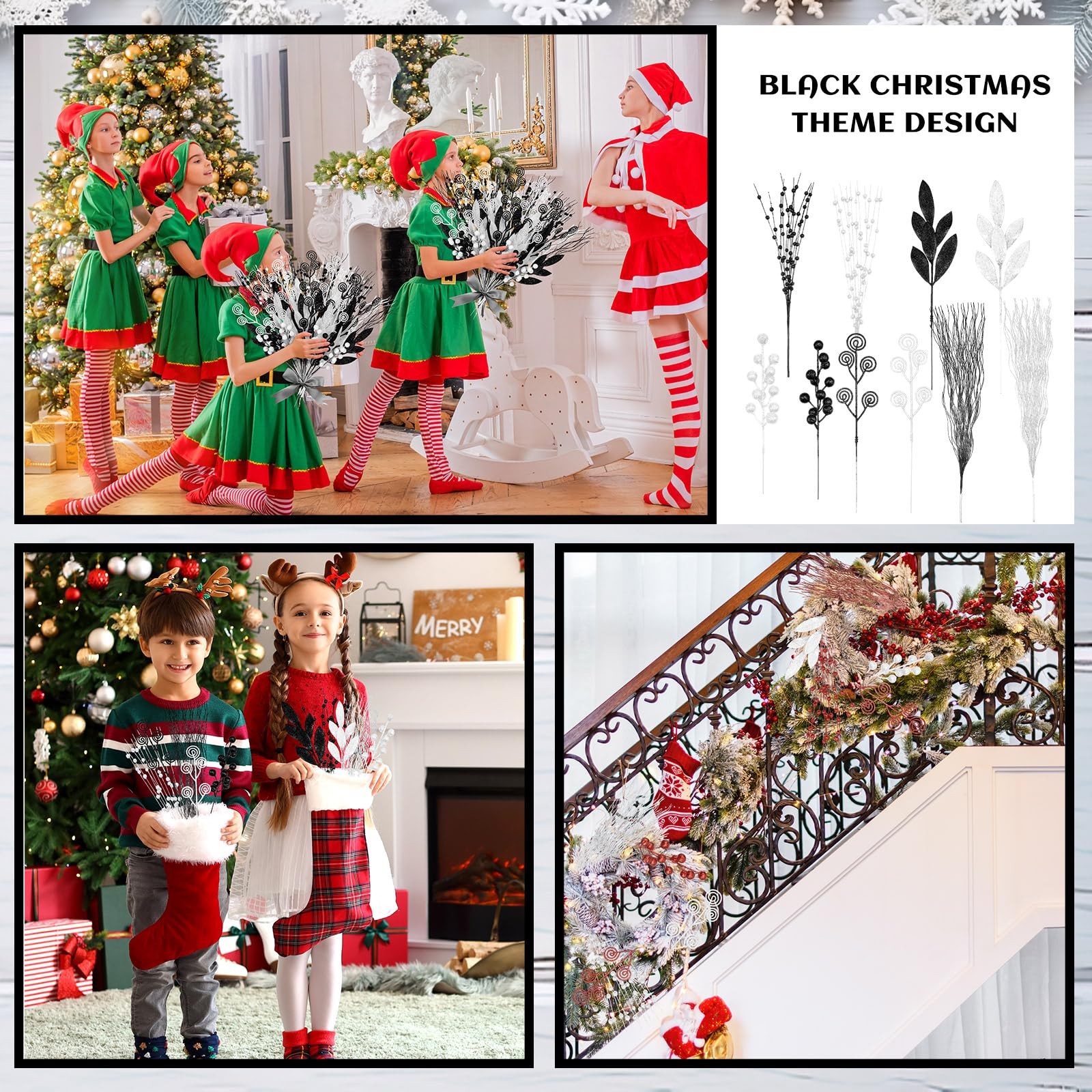 100 Pcs Black and White Christmas Picks and Sprays Christmas Tree Filler Deco…