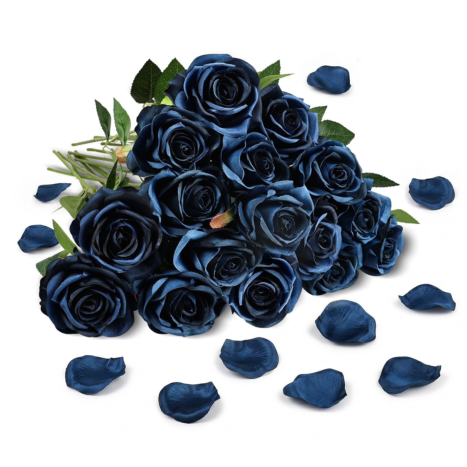 16 PCS Roses Artificial Flowers – Fake Silk Navy Blue Rose in Bulk with Long …