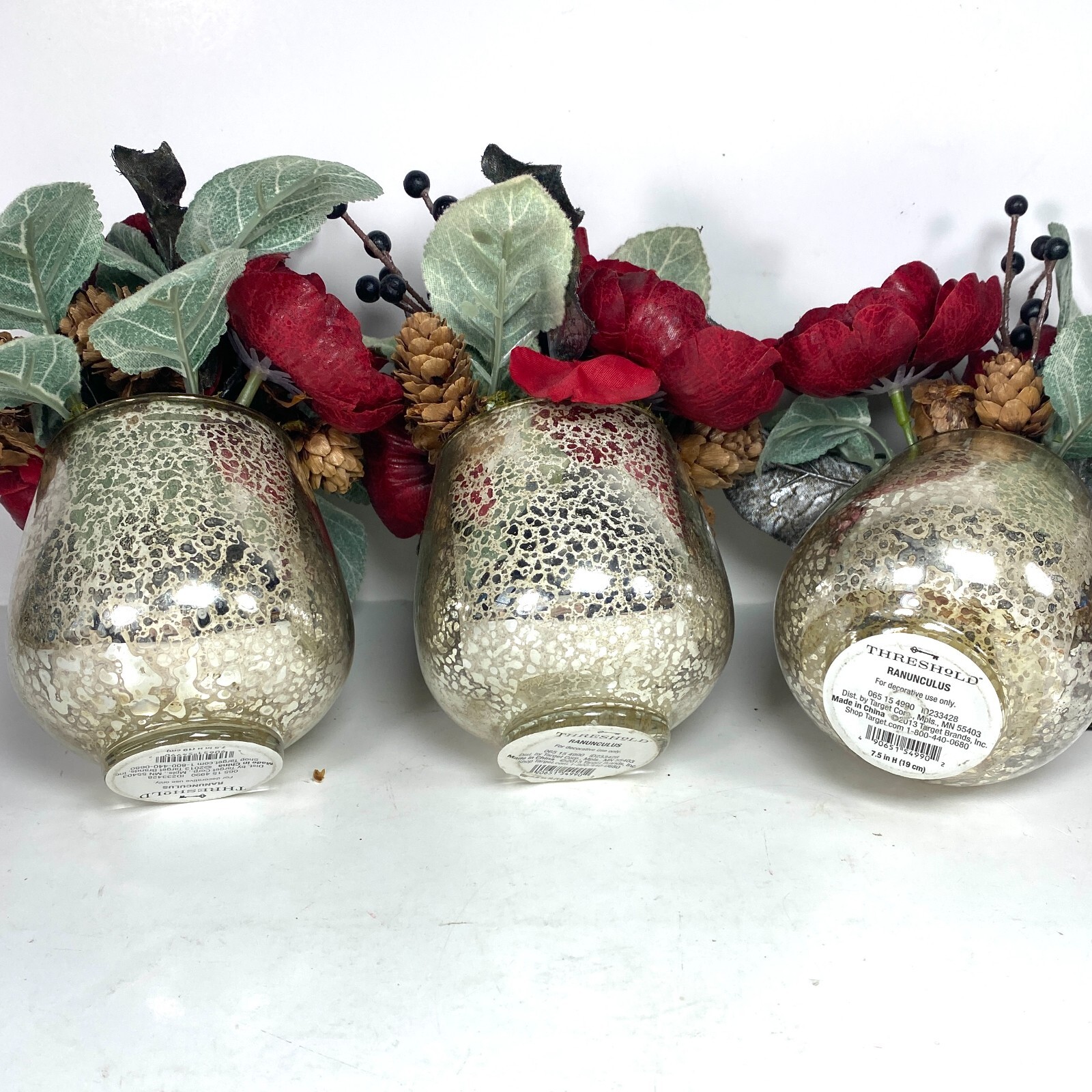 Threshold Silver Mercury Crackle Glass Red Ranunculus Vase Arrangement -Set of 3