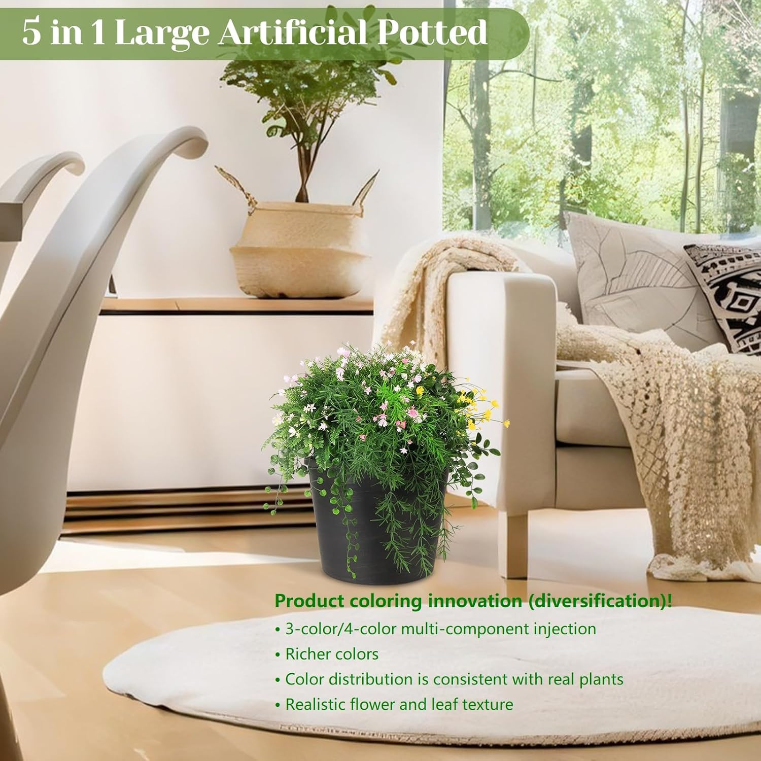 5 in 1 Artificial Plants & Flowers, Potted Fake Babybreath Grass Plant for Home