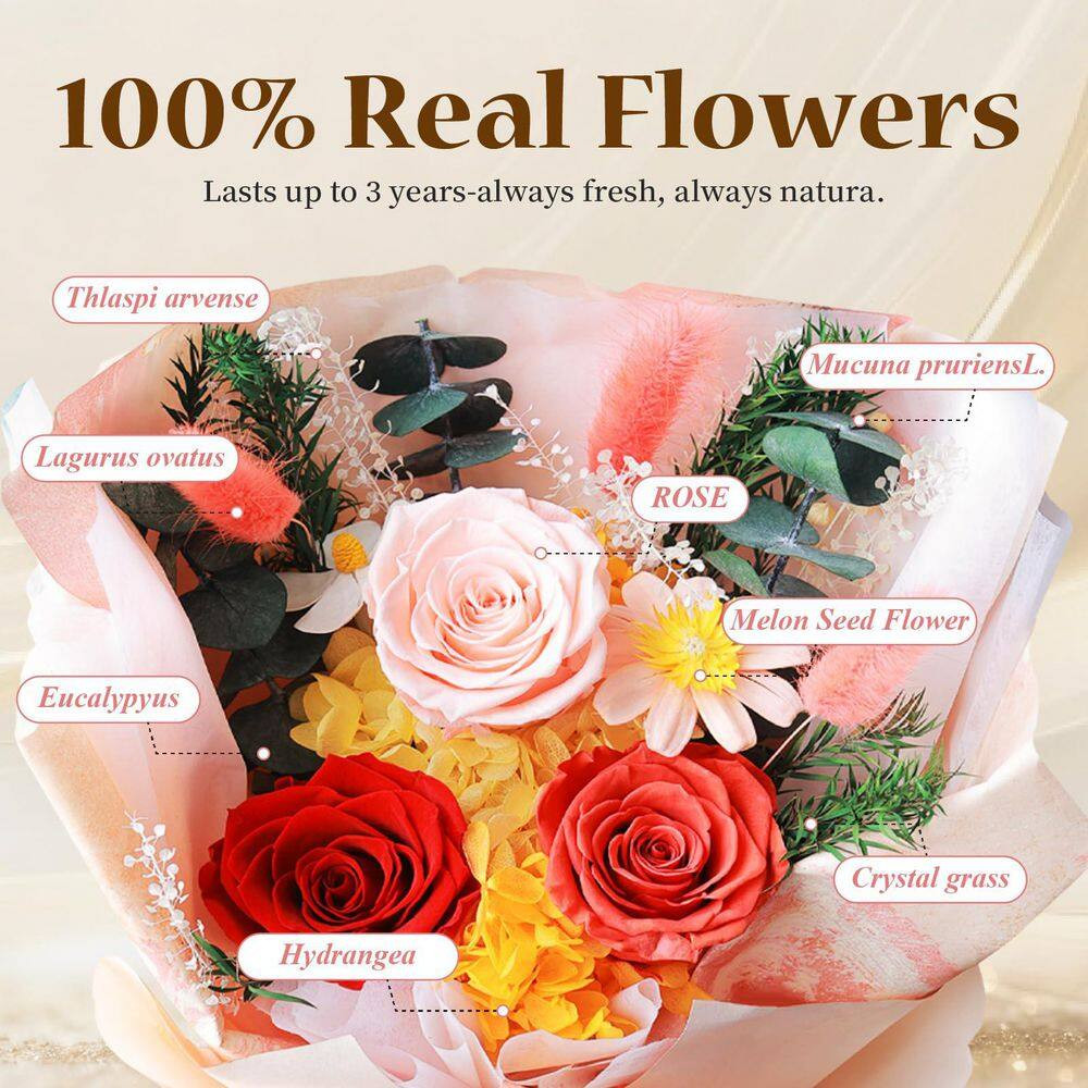 13.1 In. Orange Artificial Preserved Rose Bouquet-Includes Gift Box and Greeting