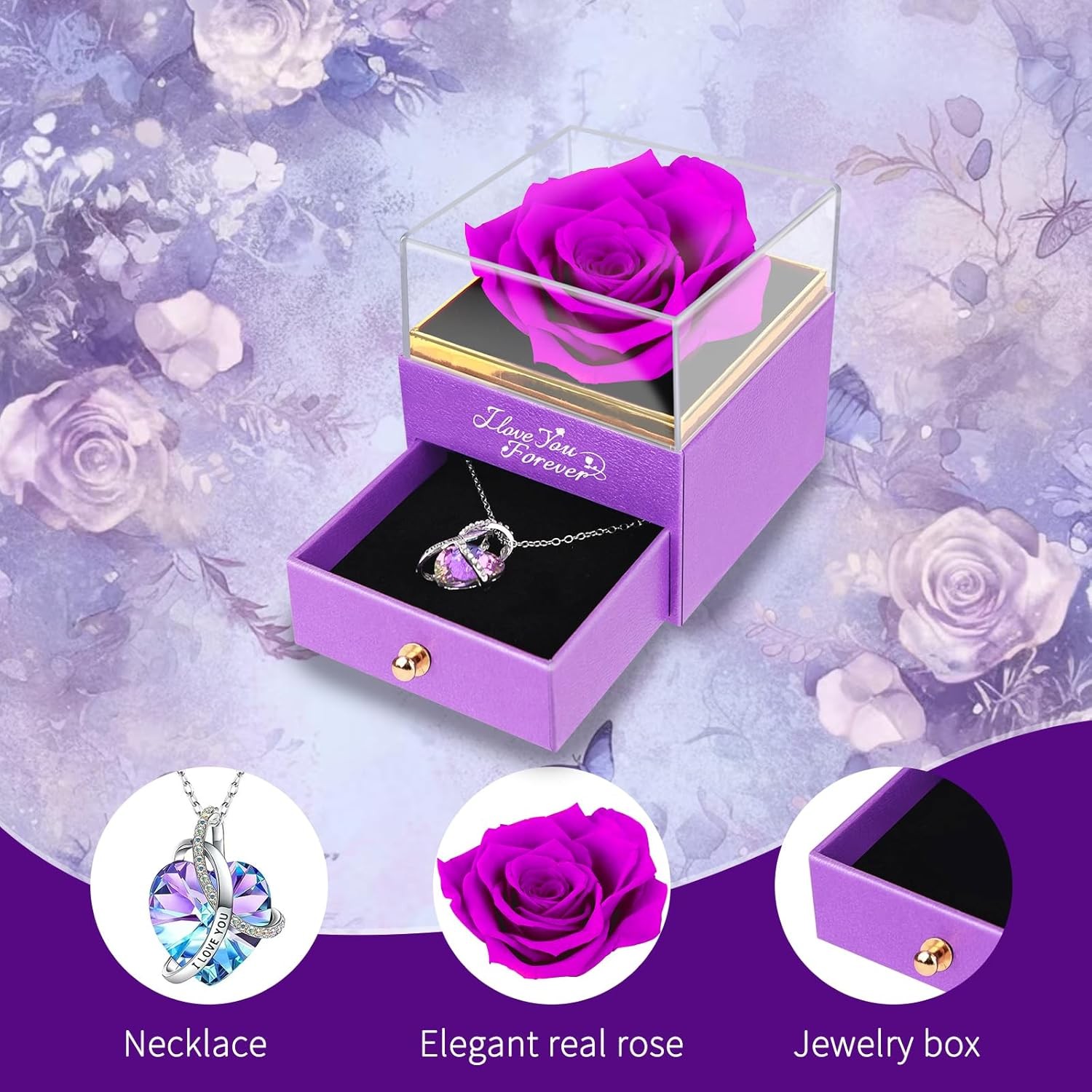 Preserved Rose Gift for Women with “I Love You” Necklace Birthday & Mom