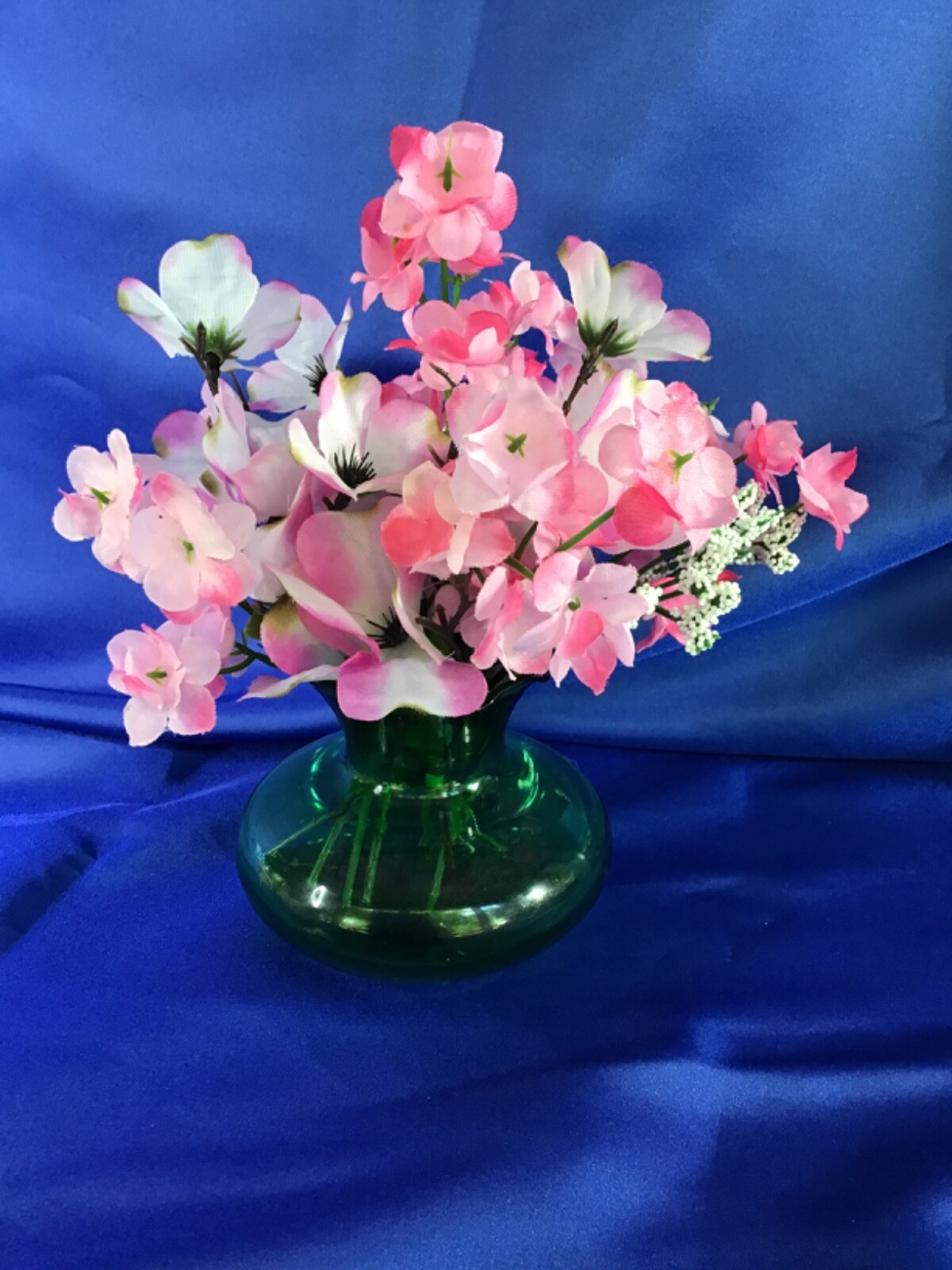 Vintage Small Green Vase with Pink & White Artificial Flower Arrangement