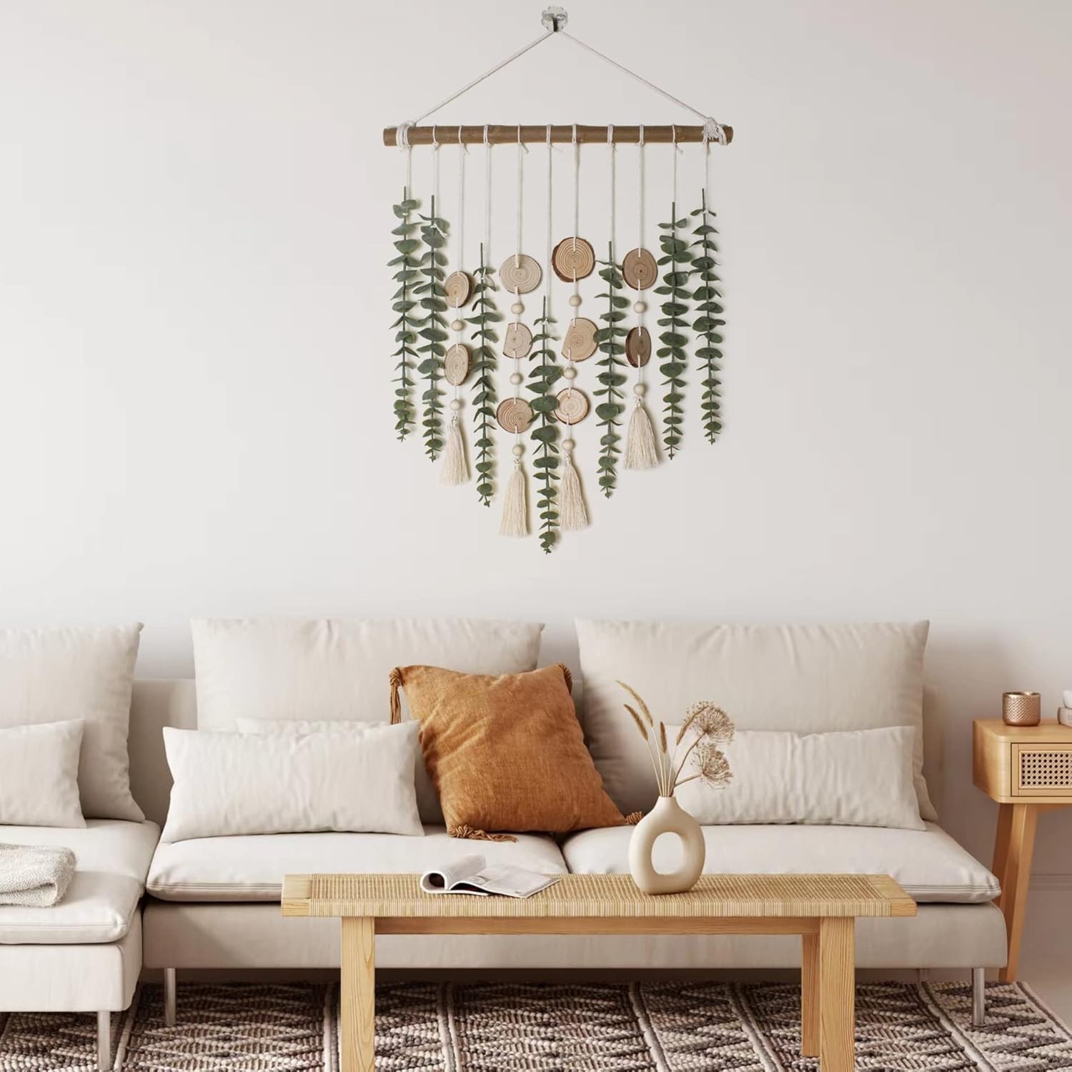 Decoración de pared de eucalipto artificial con hojas verdes falsas, tallos