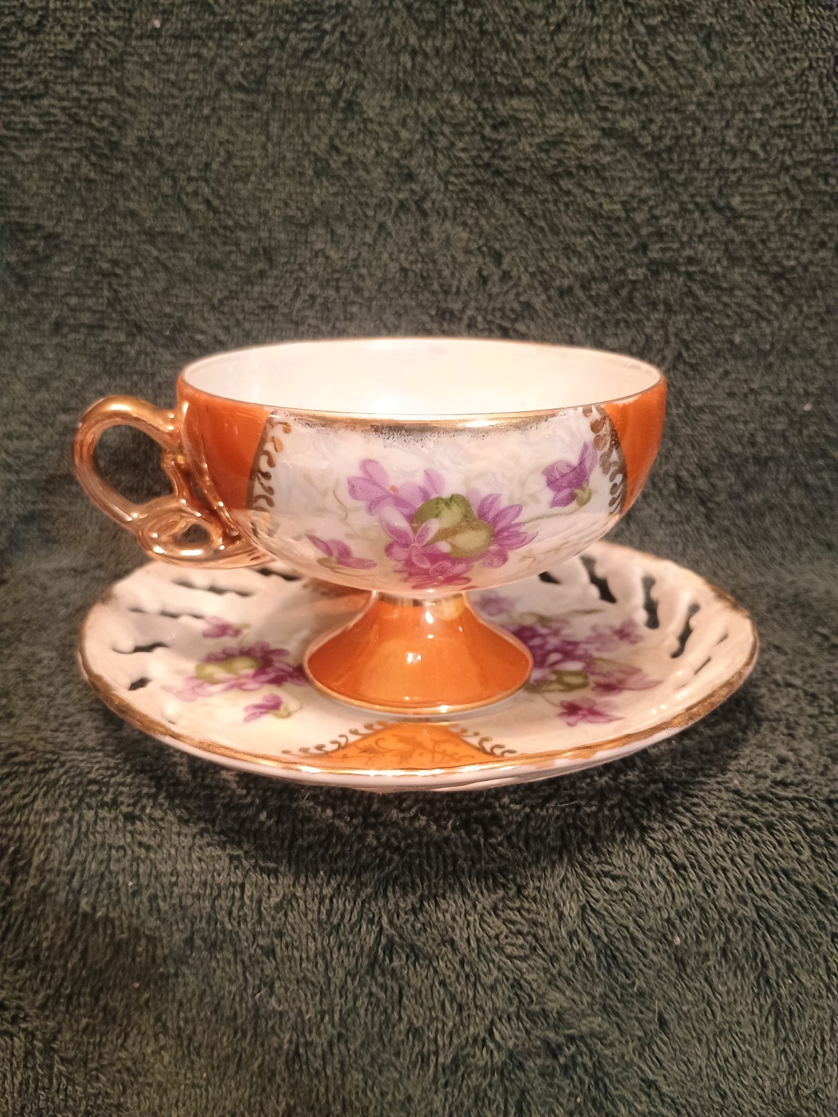 Purple Flowers With Orange And Gold Trim. Cut Out Saucer