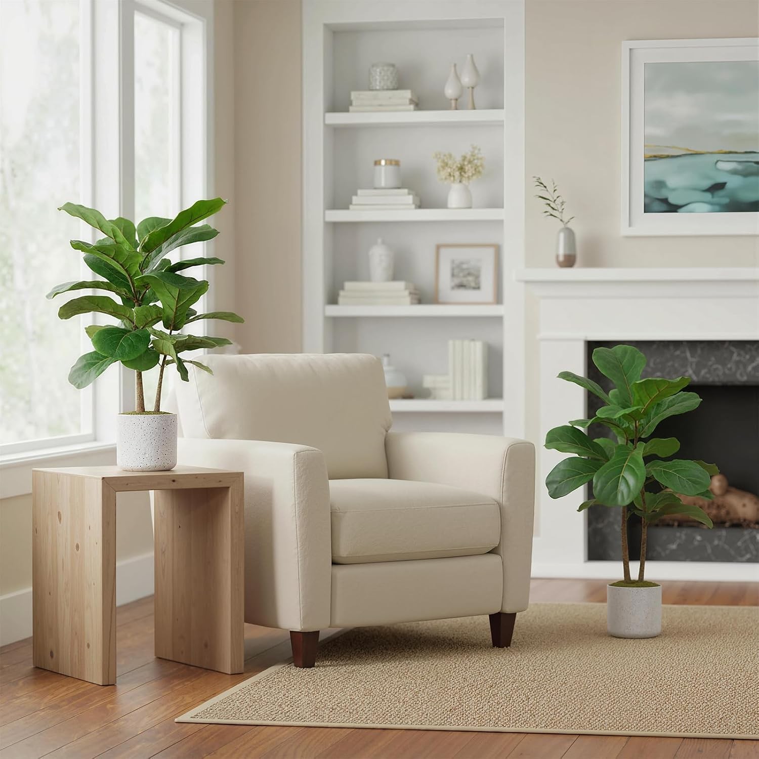 2 Pack Faux Fiddle Leaf Tree 15.7in White Marble Pot Cement Base Home Office