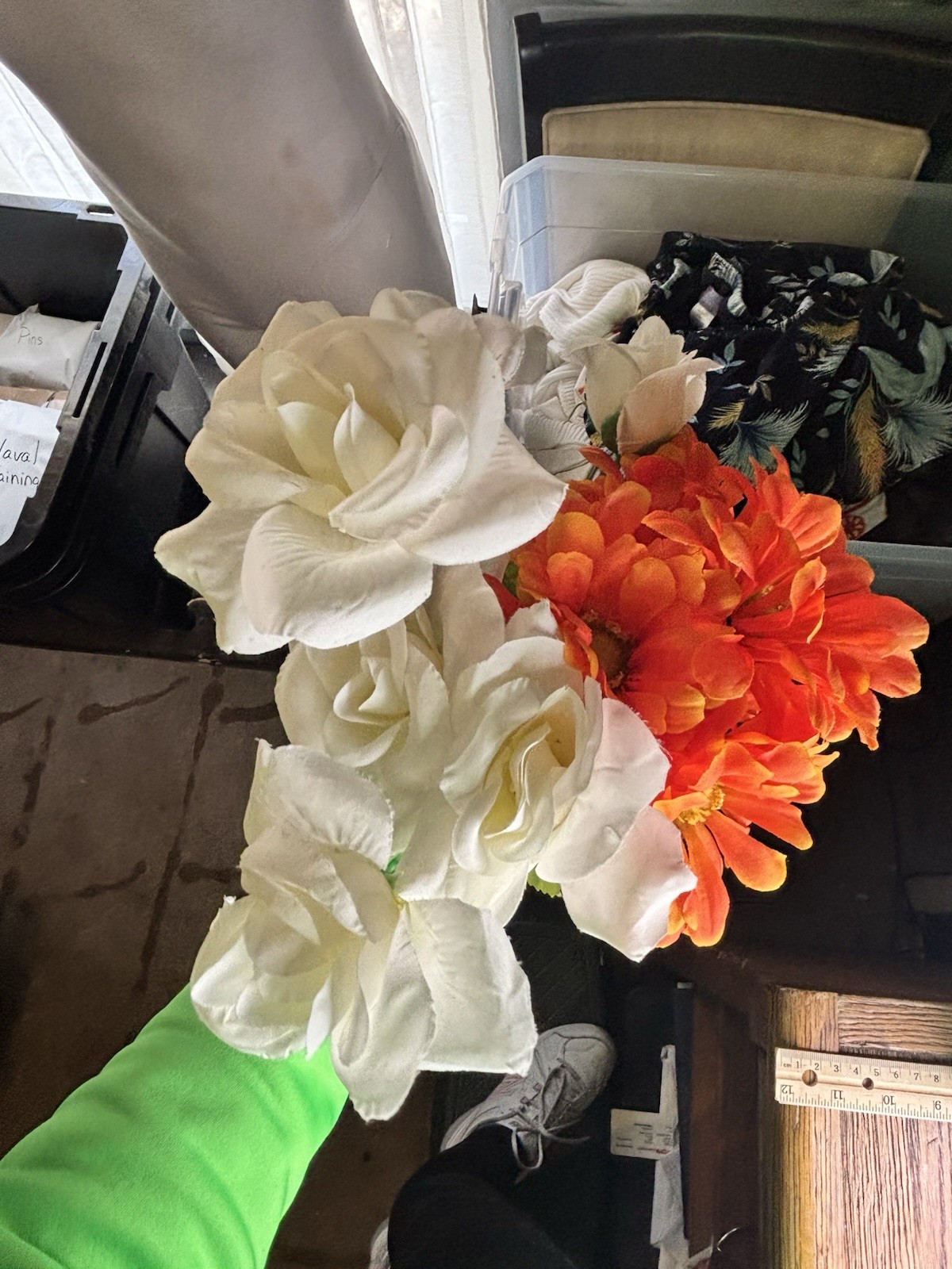 Artificial Orange & White Dahlia/Zinnia Floral Bushes 15” Faux Flowers